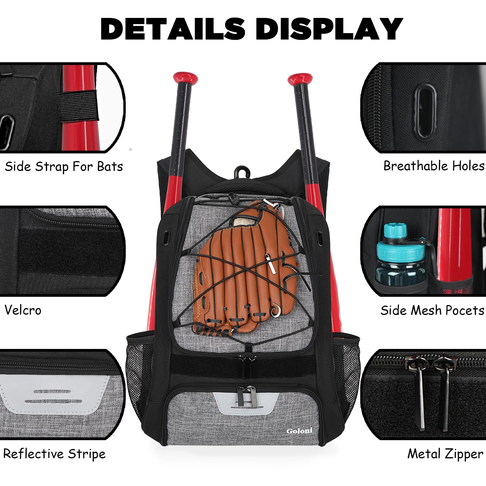 Goloni | Sac à dos de baseball, sac de baseball pour adulte, sac de batte de softball avec compartiment à chaussures, grand compartiment principal pour casque et accessoires, crochet de clôture