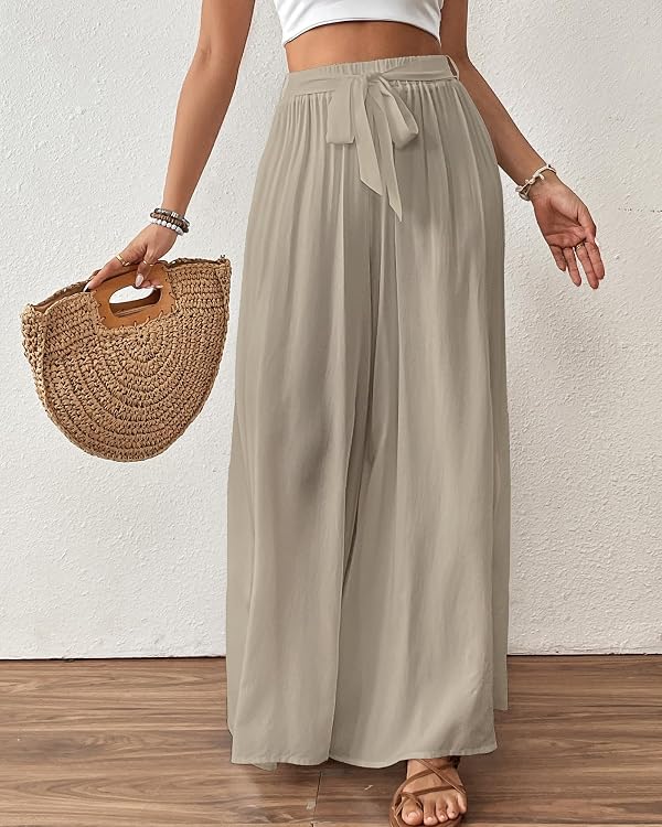 Bsubseach Women Wide Leg Pants Floral Flowy Palazzo Pants Light Khaki M by Bsubseach - Used condition - Image 2