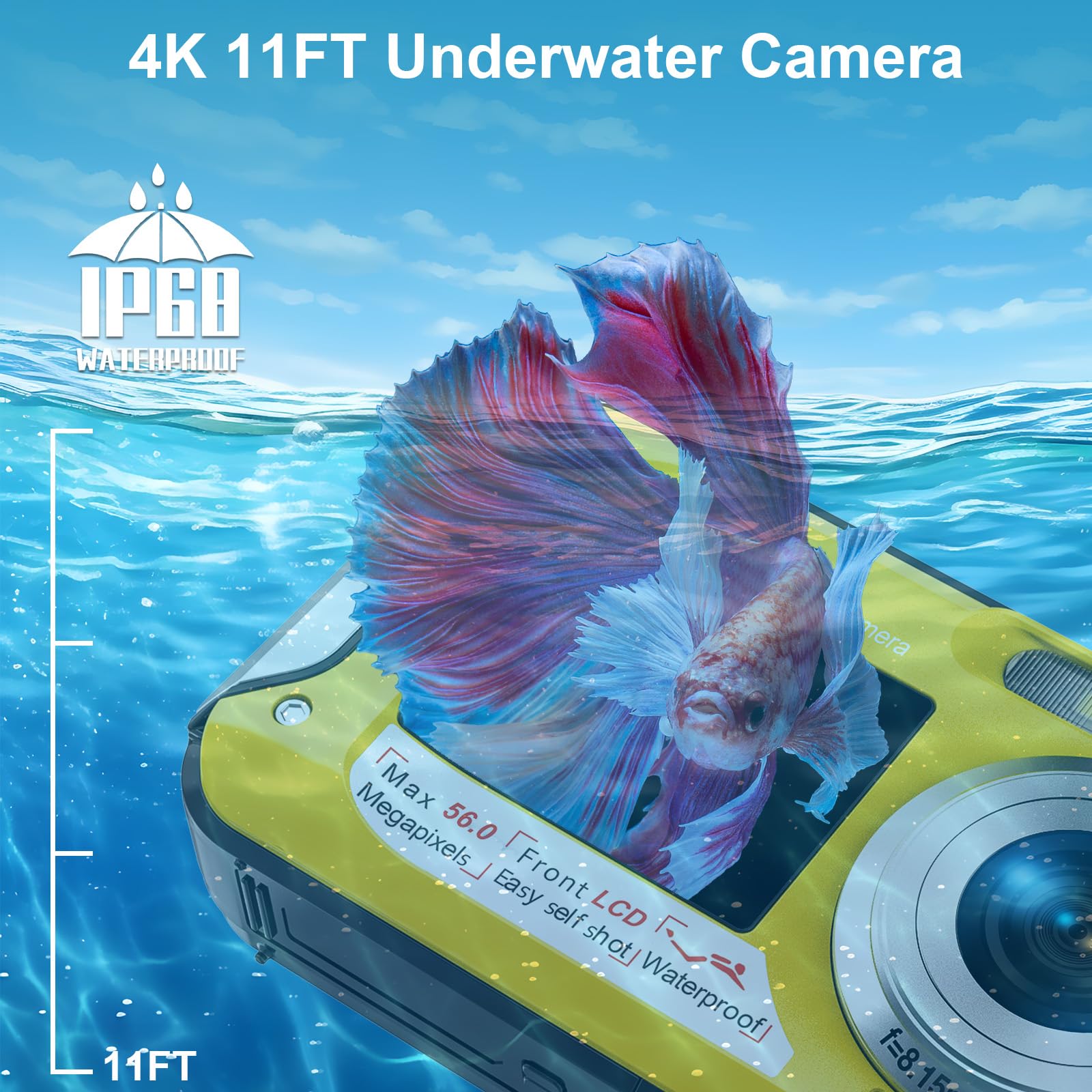 Digitalkamera, YISENCE Unterwasserkamera UHD 4K 56MP Autofocus Digitalkamera wasserdichte mit Einer 32GB Karte Selfie Doppelte Bildschirme wasserdichte Kamera zum Schnorcheln