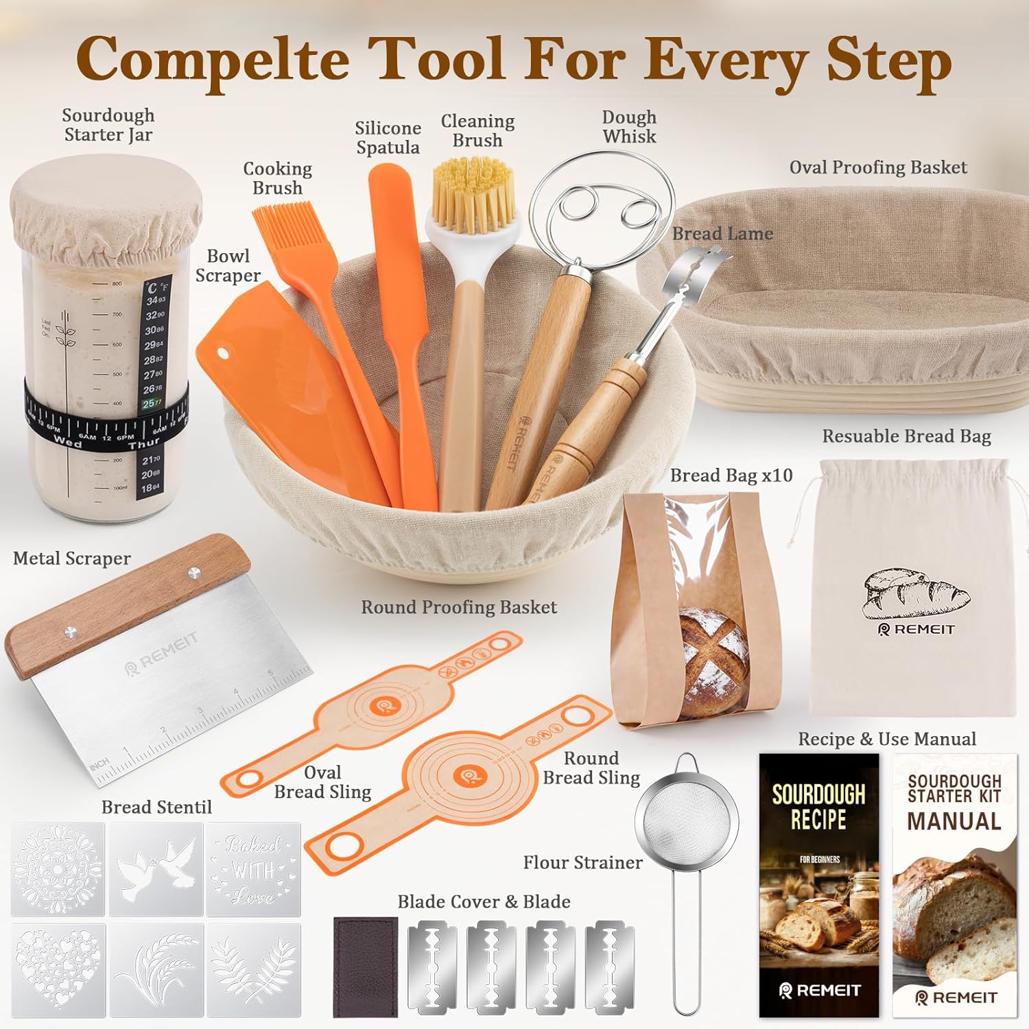 Sourdough Starter Kit with Banneton Bread Proofing Basket Set, 9" Round & 10" Oval Proofing Basket, Sourdough Bread Baking Supplies with Starter Jar, Bread Lame, Dough Whisk and Baking Tools