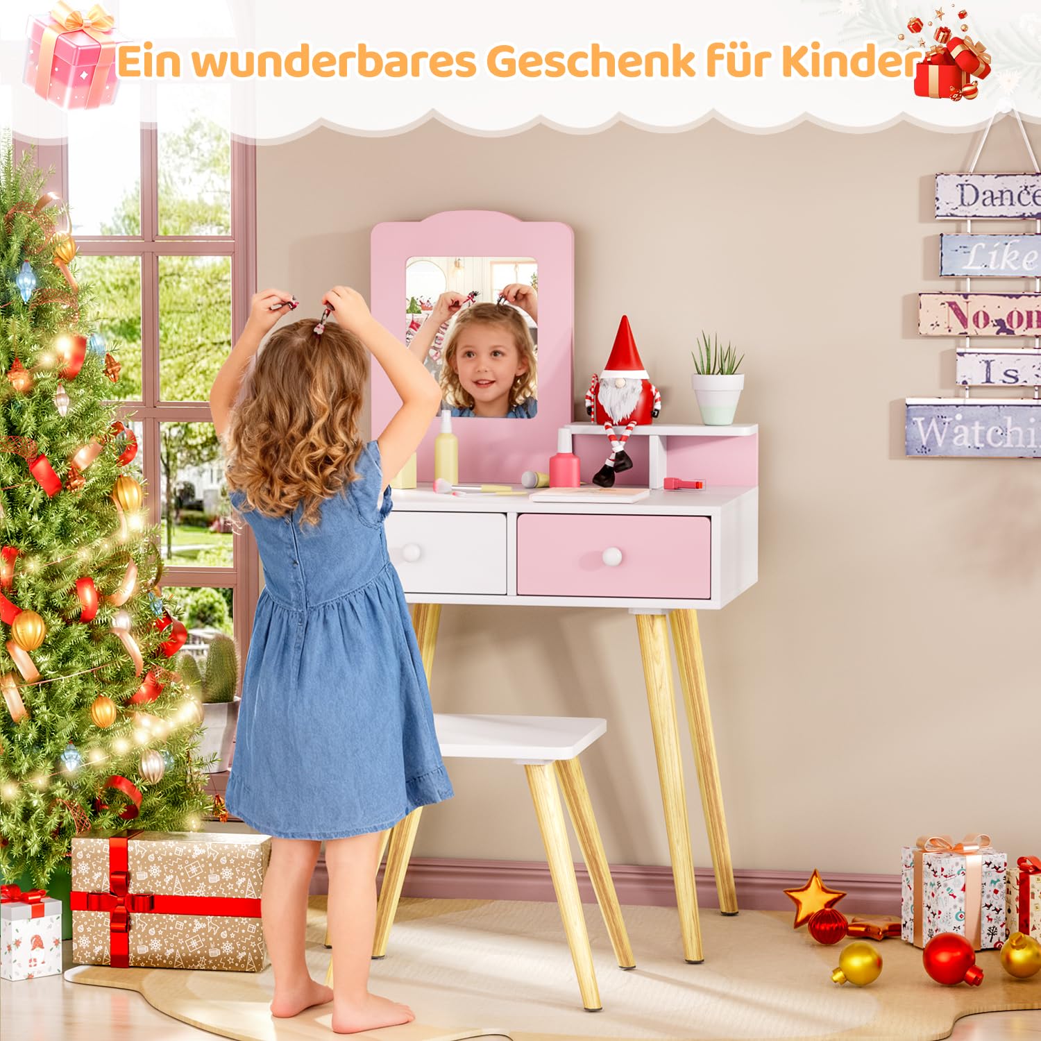 MAMIZO Schminktisch Kinder Set, Kinderschminktisch Holz mit Abnehmbarem Spiegel und 2 Schubladen, Schreibtisch mit Hocker, Prinzessin Frisiertisch ab 3 Jahre, 60x40x108 cm, Rosa
