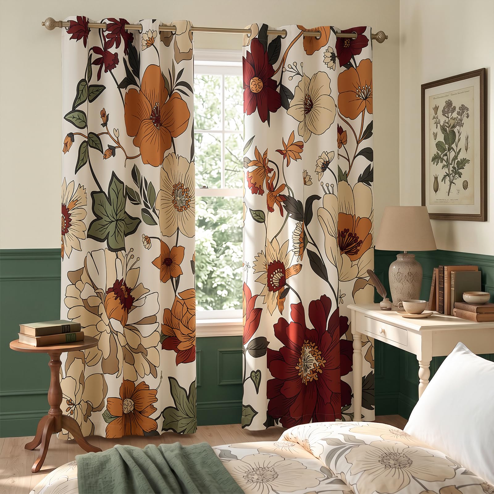TOPICK Vorhänge Blumen Gardinen Verdunklungsvorhänge 2Stück H214xB132 Beige
