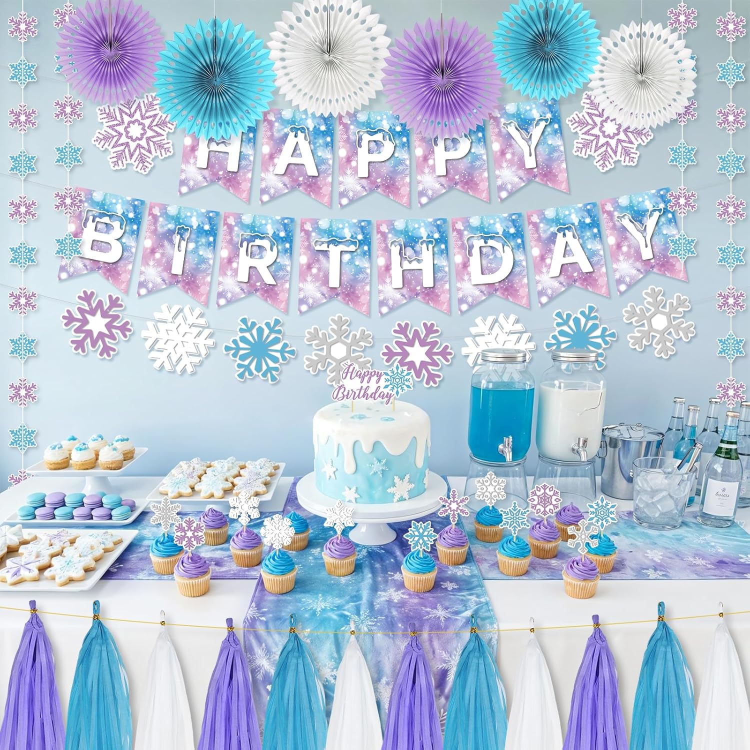 Frozen Party Decorations, Blue Purple White Snowflake Theme Birthday Decor Kit with Banner, Garlands, Cake Topper, Paper Fans, Tassels Decors for Boys Girls Winter Holiday Party Supplies