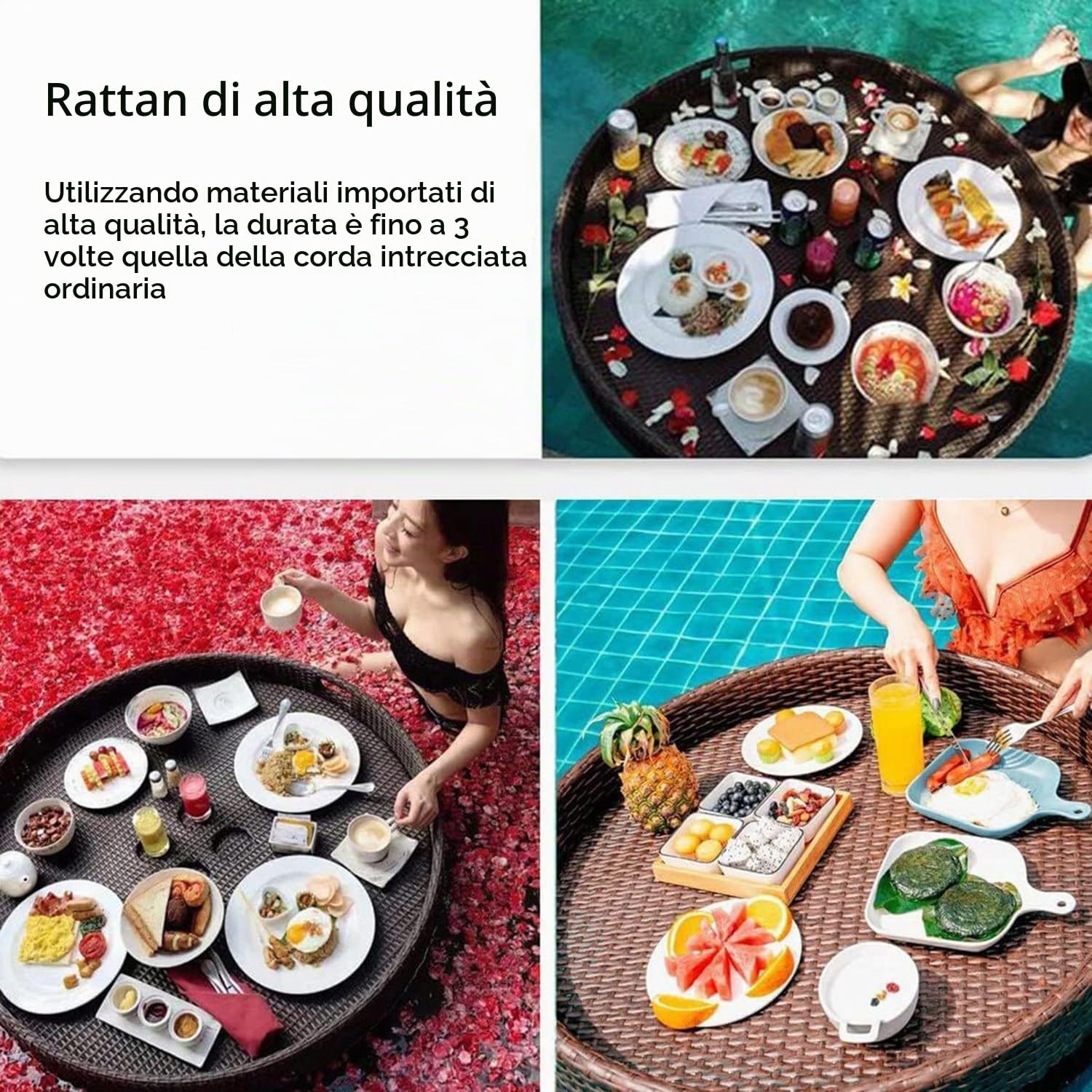 Vassoio da portata galleggiante in rattan di lusso Vassoio galleggiante Galleggianti da piscina Vassoio da pranzo in vimini per servizio in piscina Bevande Brunch Cibo sul tavolo,White-60*60*20cm