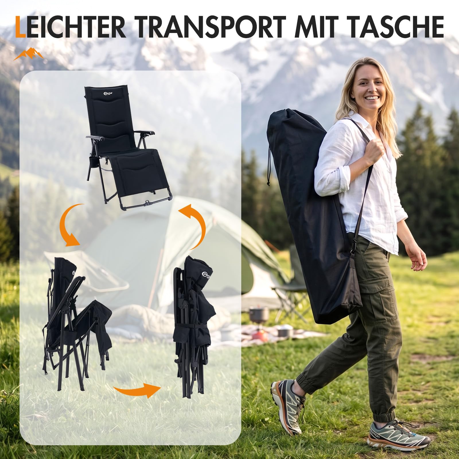 Portal Liegestuhl Klappbar Garten Campingstuhl Faltbar mit Fußablage 180KG Klappliege mit Zero-Gravity-Funktion Sonnenliege im Bündel-Falt-Design verstellbare Liege für Terrasse Strand Indoor