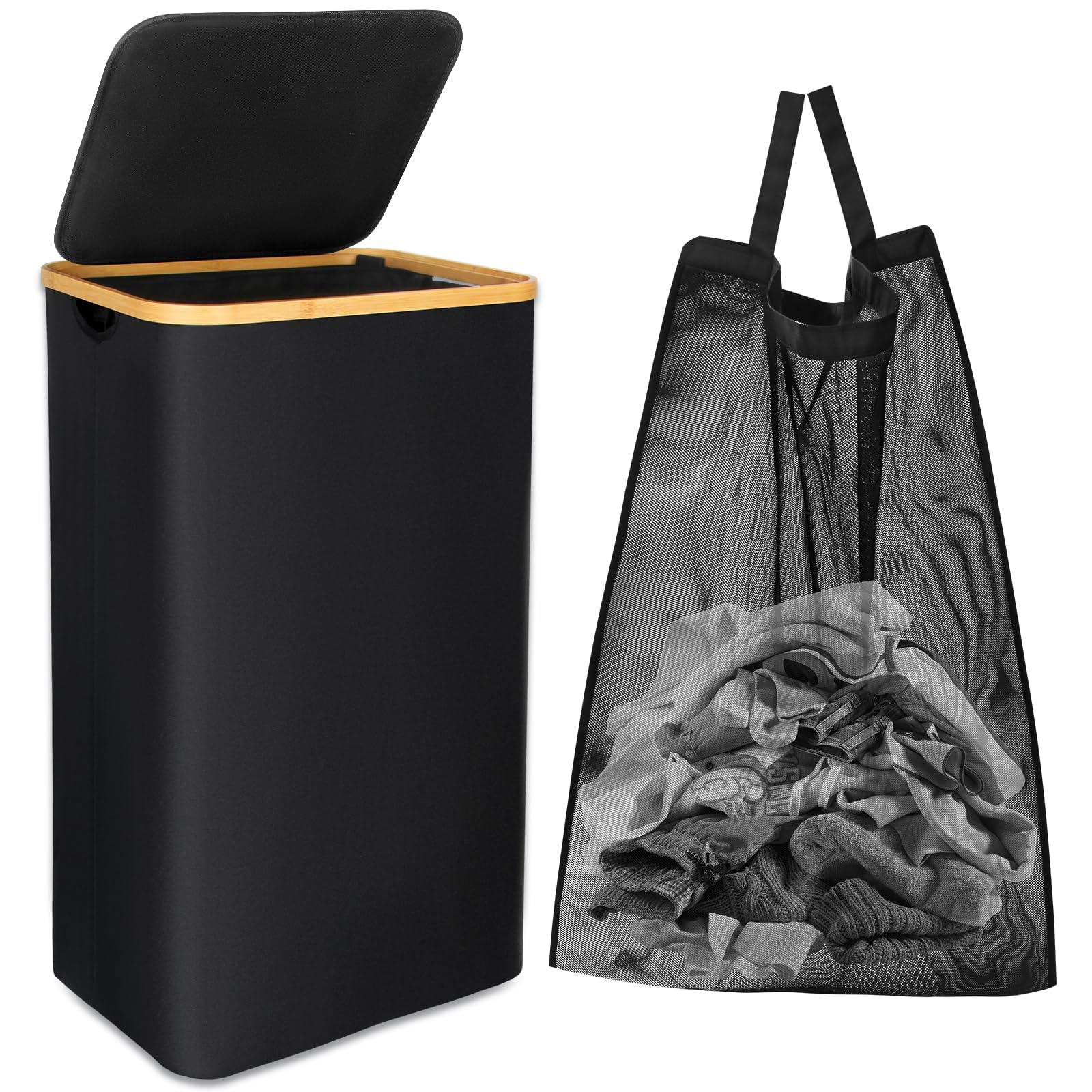 Laundry Basket with Wheels, 100L Large Foldable Laundry Hamper with Lid and Removable Inner Bag, Slim Rolling Laundry Bin for Bedroom Bathroom (Black)