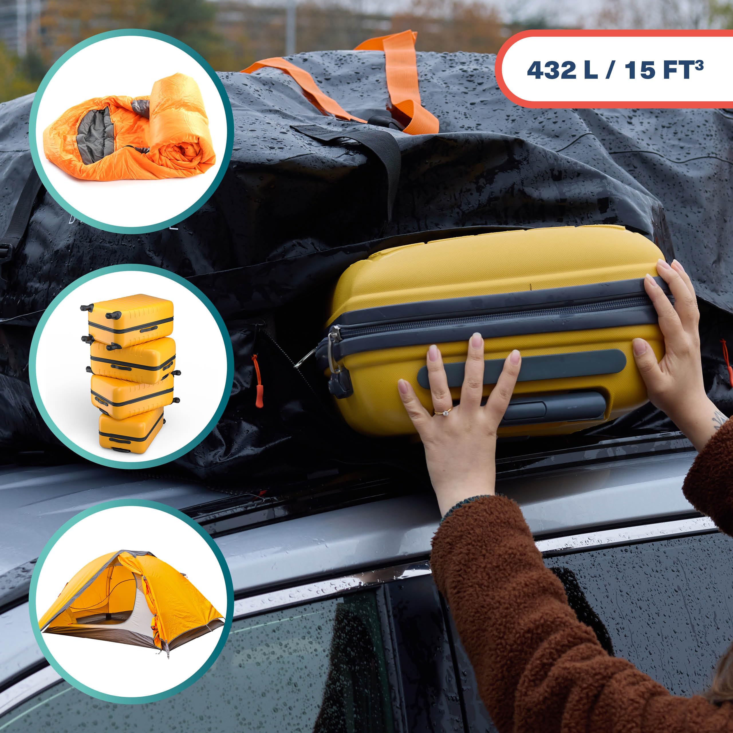 BRAMBLE Grand Sac de Toit Voiture, Coffre de Toit Souple avec Sangles & Tapis Antidérapant, 430L - PVC 500D Solide, Résistant & Étanche