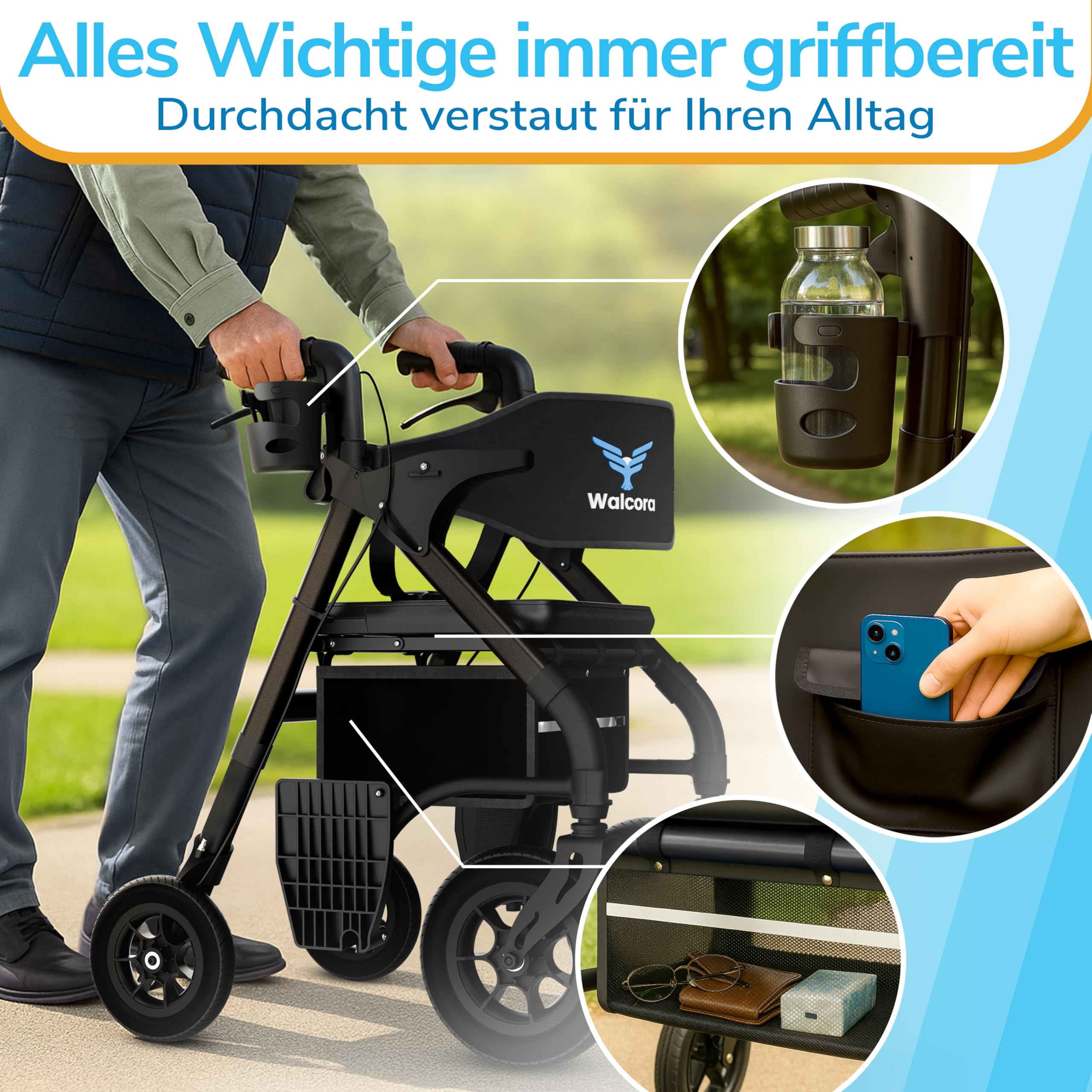 WALCORA 2 in 1 Rollstuhl Rollator Faltbar und Leicht mit Sitz – NEUHEIT 2026 – Gehhilfe für Senioren Outdoor & Indoor Wohnung – Klappbar Gummireifen Leichtgewicht Gehwagen Walker Wheelchair Kaufen