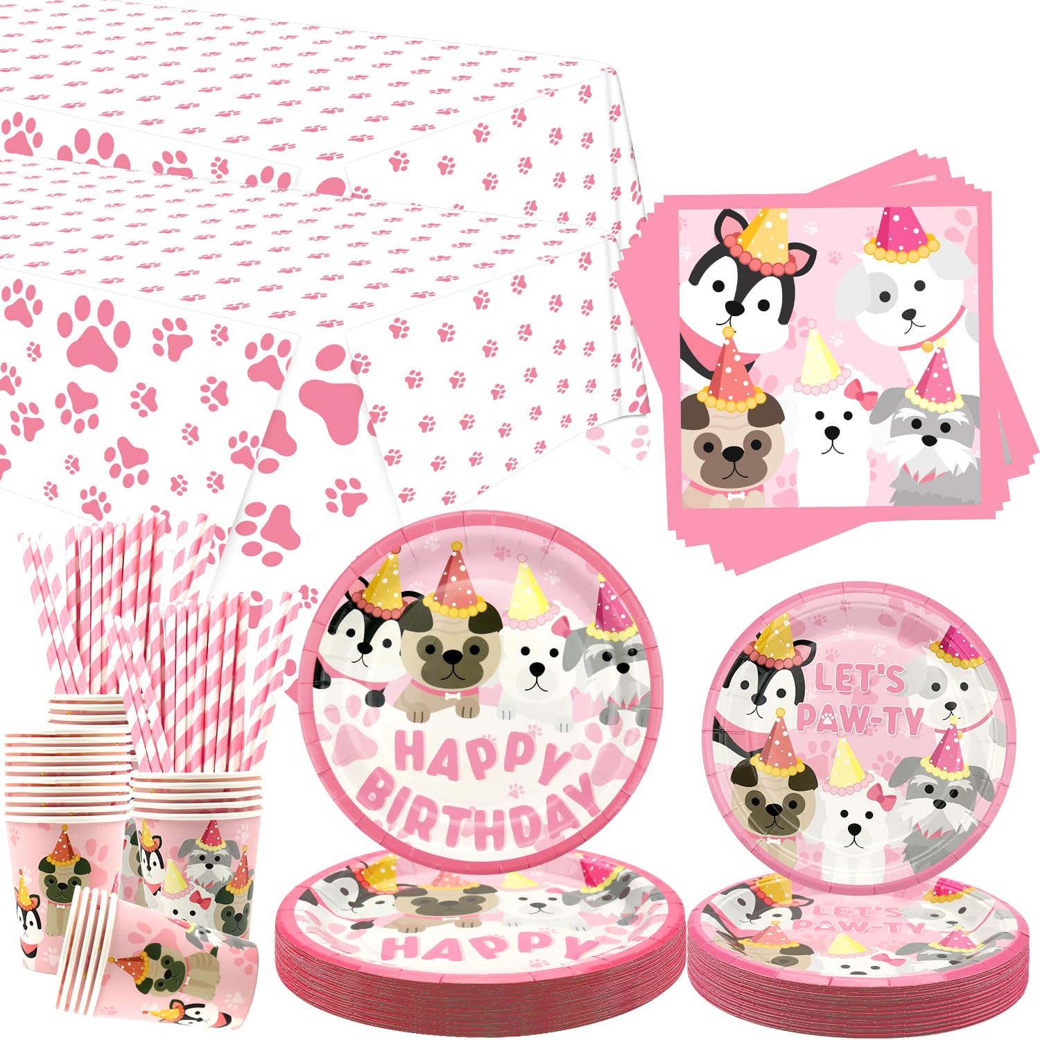 Dog Party Decorations, Pink Puppy Paw Birthday Party Tableware Supplies including 9" Dinner Plates, 7" Dessert Plates, Napkins, Cups, Straw,Tablecloth for Puppy Party Decorations -Serves 40