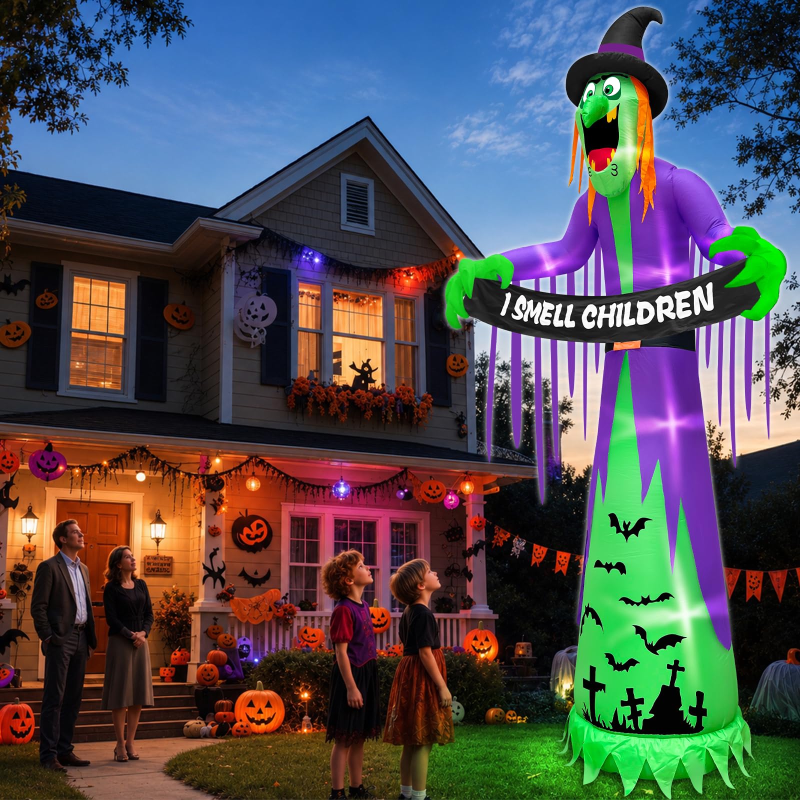 TURNMEON Ogromne nadmuchiwane przedmioty na Halloween, dekoracje na zewnątrz, straszna czarownica trzyma zapach dzieci, baner LED do wysadzania podwórka, dekoracja na Halloween, ogród, trawnik,