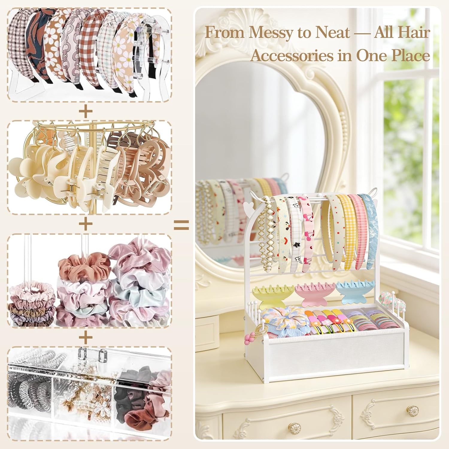 Headband Holder Stand Hair Accessories Organizer for Girls with Storage Base, Deer Antler Display for Headbands, Scrunchies, Bows & Clips, Cute Vanity Organizer, White