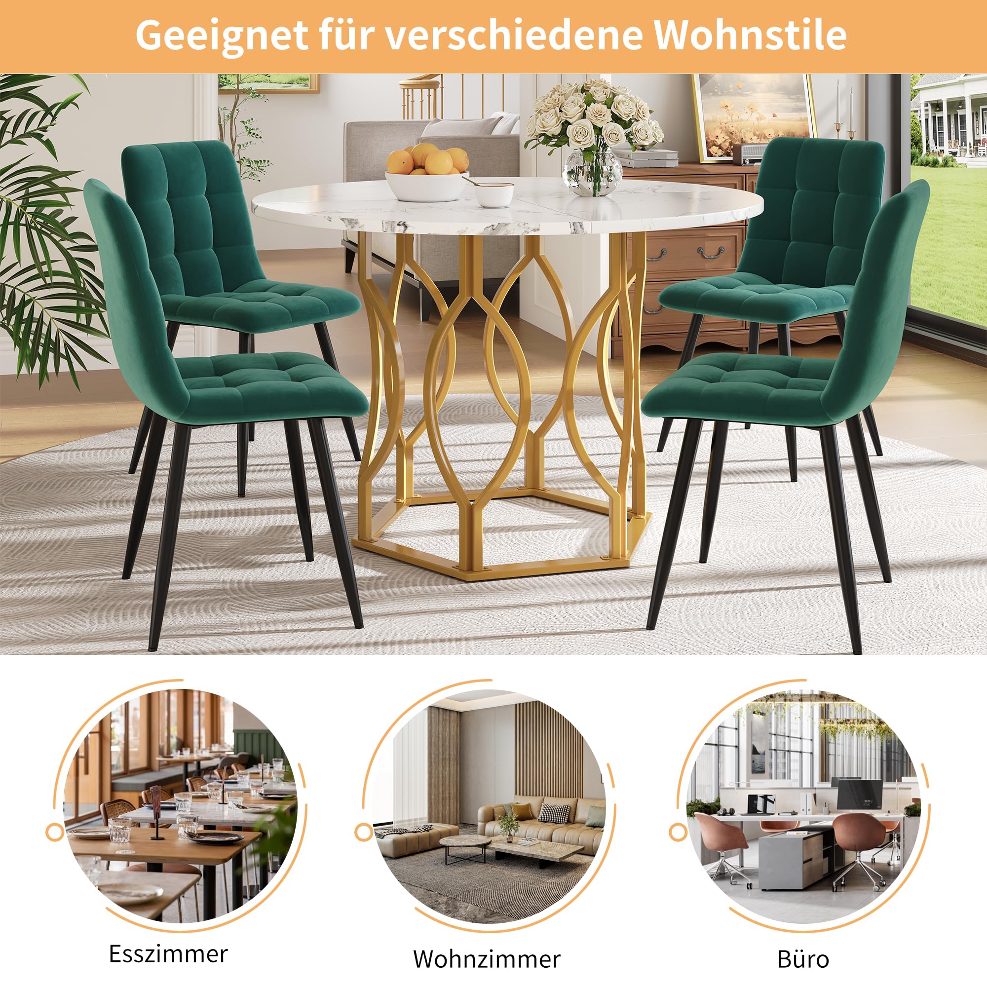 Essgruppe Esstisch mit 4 Stühlen Set für 4 Personen, Esstisch Rund 100x100x76 cm mit Goldenen Metallbeinen und 4 Grün Samt Esszimmerstühle, Weiße Tischplatte, Esszimmermöbel, Küchenmöbel
