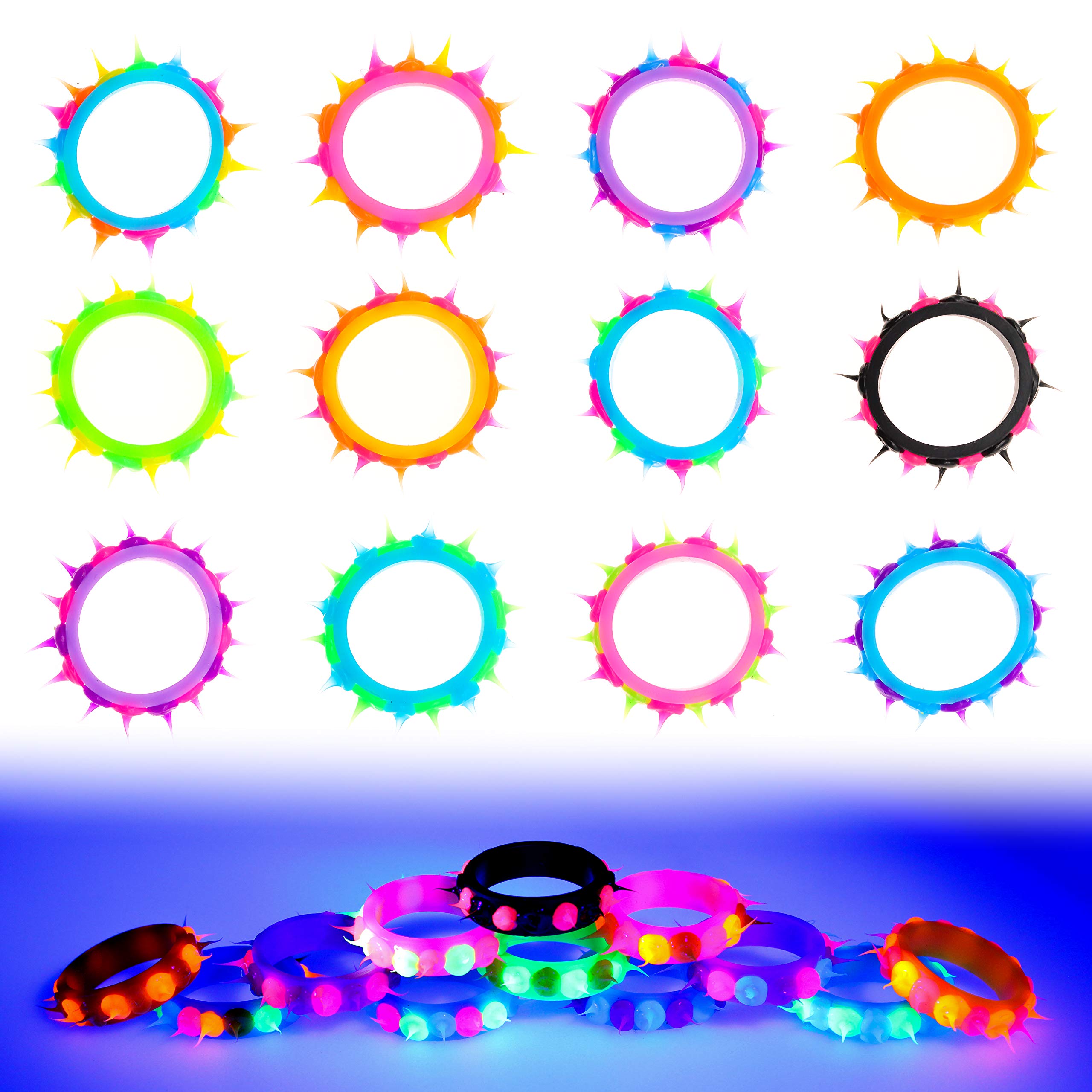 48 Pcs Blacklight Reactive Silicone Rave Stretch Spiky Rings - UV Black Light Fun - Fashion Jewelry Accessories for Women Men Girls Boys - Great for Party Favors, EDM Music Festivals