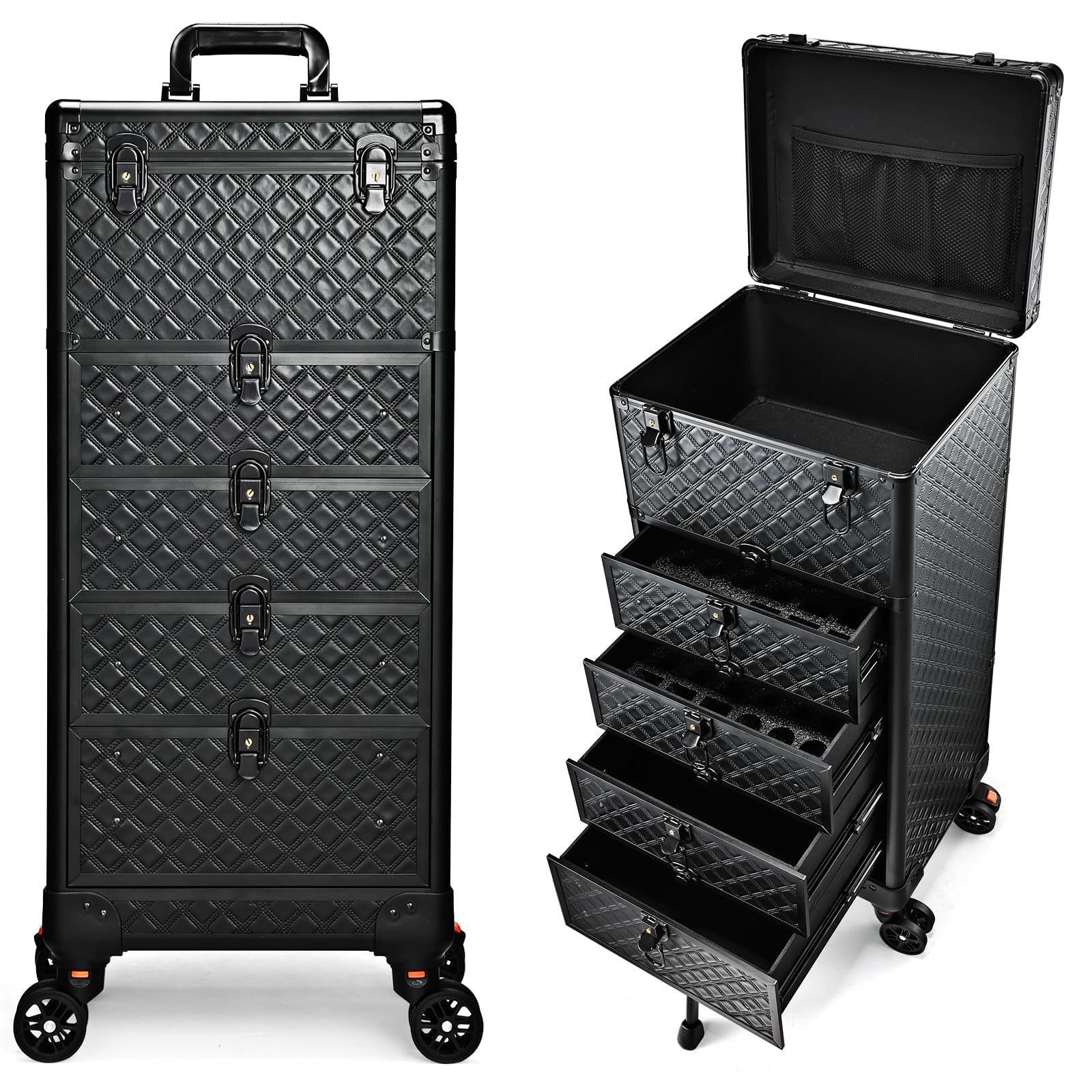 Yueieoun Nail Salon Cart with 4 Drawers,Rolling Makeup Train Case for Beauty,Cosmetology Case on Wheels,Trolley Cart,Lockable Organizer Travel Case for Manicure/Face Painting/Hairstylist/Tattoo Artist
