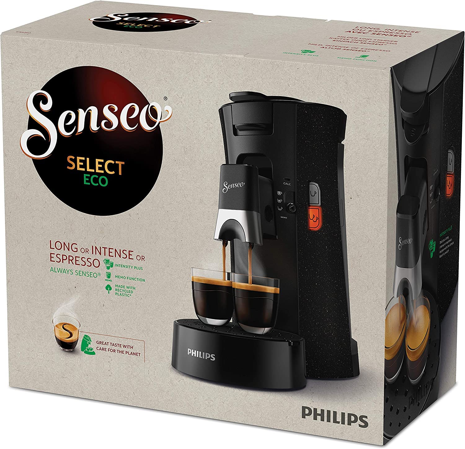 Philips Domestic Appliances Senseo Select Eco Machine à dosettes à café – Choix de la force du café Plus Fonction Memo en plastique recyclé, 1450 W, Noir/Moucheté (CSA240/20)