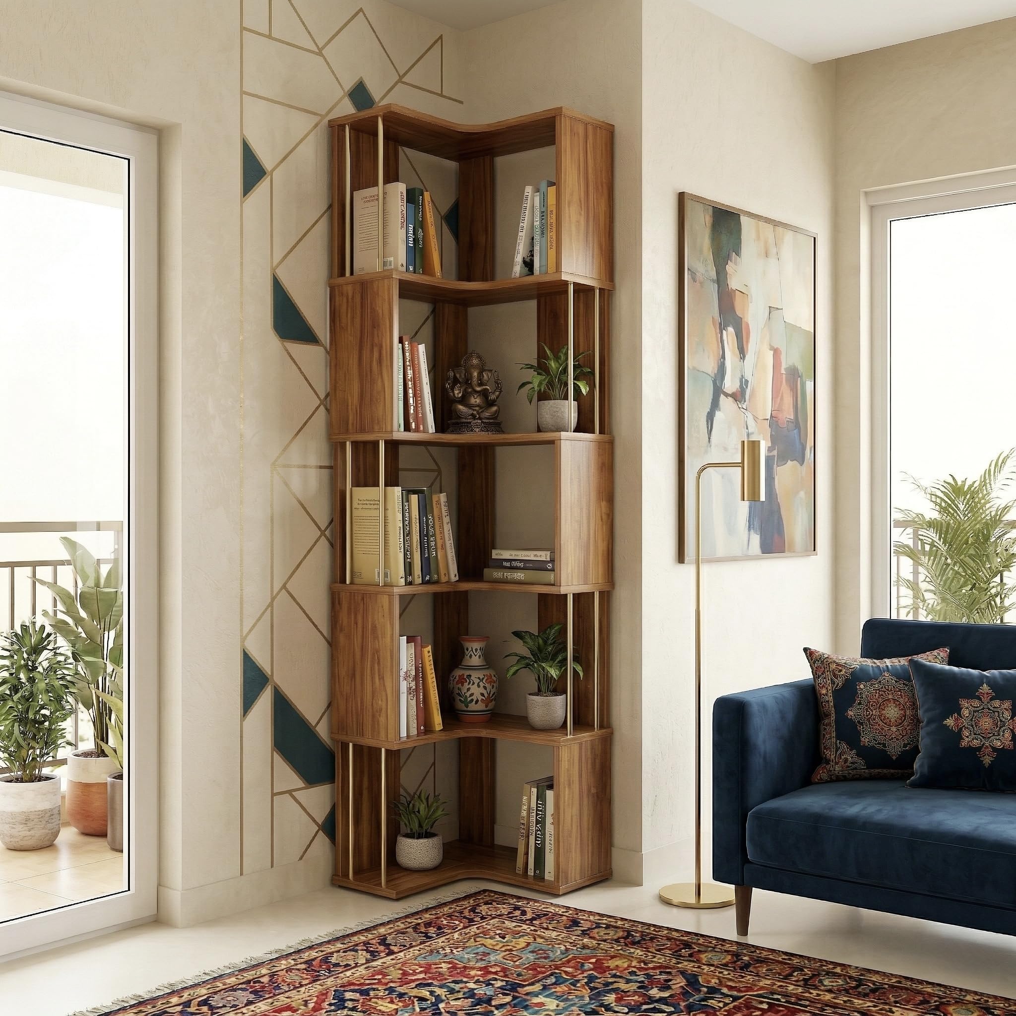 Studio Kook Vista Engineered Wood Corner Bookshelf | Bookcase (Matte Finish) (Amber Walnut)