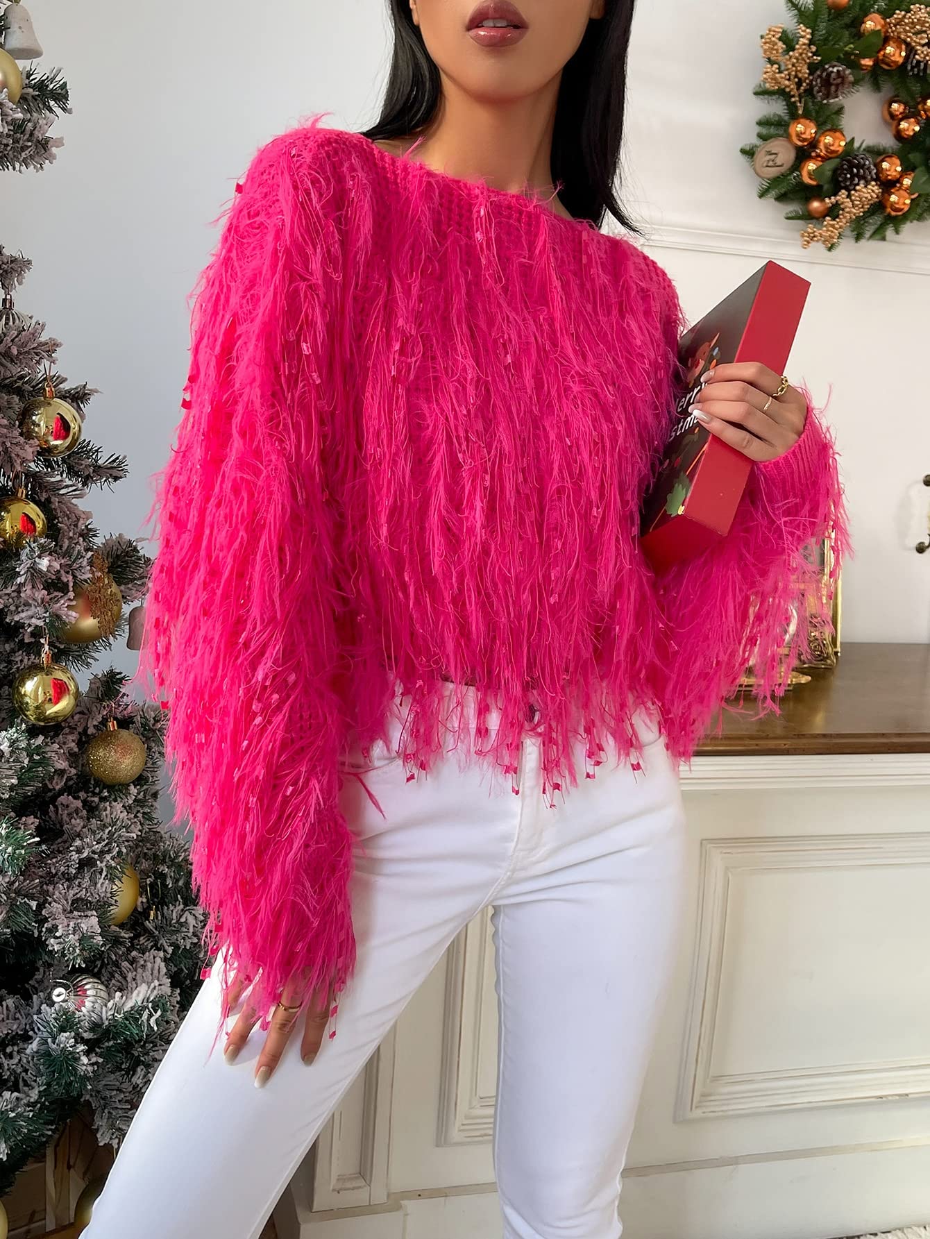 Amazon.com: Neeno Solid Fuzzy Crop Sweater (Color : Hot Pink, Size
