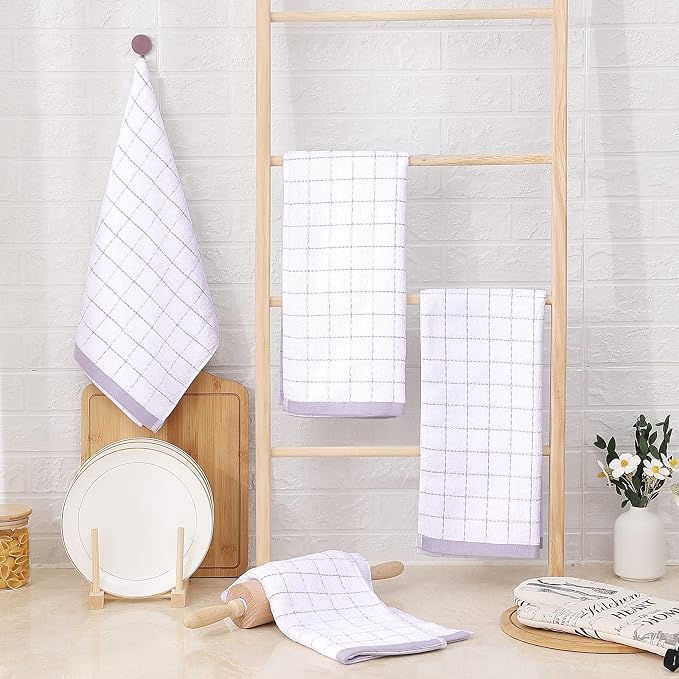 Homaxy 100% Cotton Terry Kitchen Towels(Grey, 13 x 28 Inches), Checkered Designed, Soft and Super Absorbent Dish Towels, 4 Pack