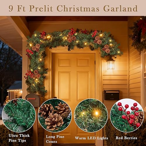Miniatura 7 de Guirnalda de Navidad con luces, guirnalda de Navidad de 9 pies para manto, guirnaldas preiluminadas al aire libre con bayas rojas y núcleos de pino