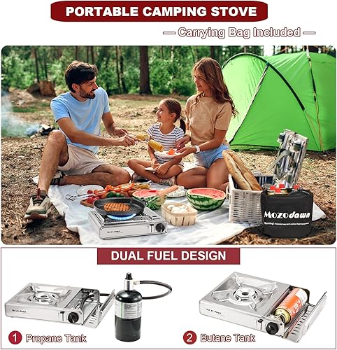 Miniatura 6 de Estufa de campamento de combustible dual con compatibilidad de butano y propano, estufa de campamento portátil de 10500 BTU con funda de transporte,