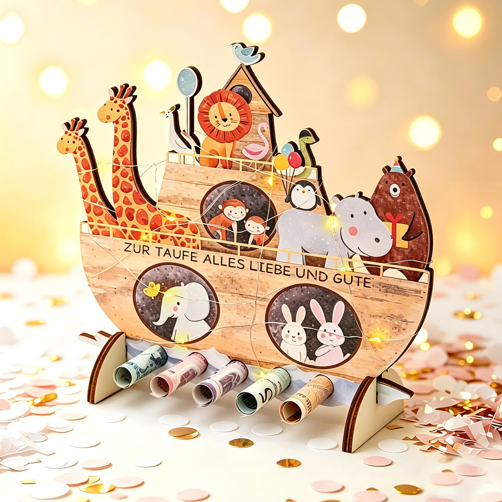 Barco de Madera con Luces, Regalo de Bautismo del Arca de Noé de Madera, con Base, Cinta Roja, para Niñas y Niños comunión o Como pieza Decorativa