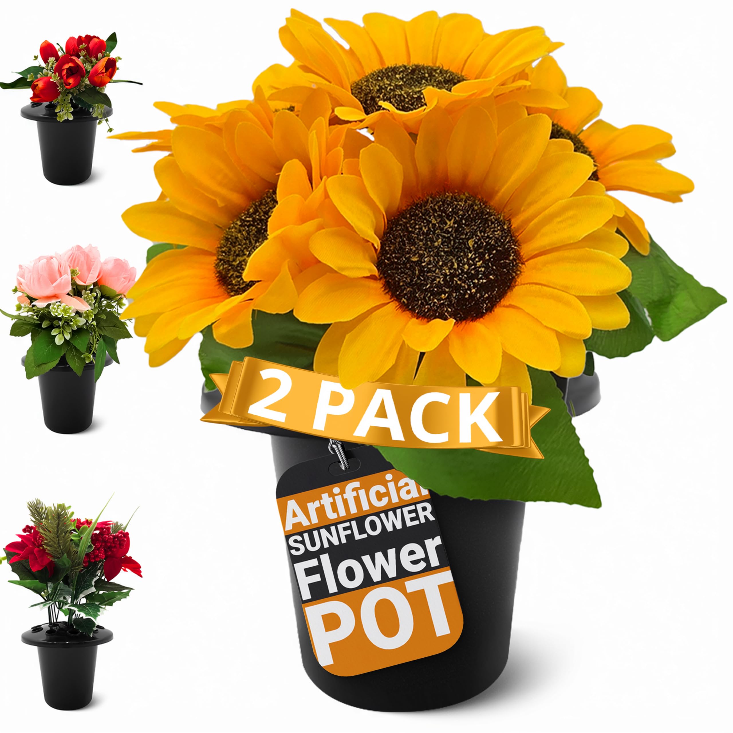 MoorGreen Fiore Artificial Grave Flower Pot Sunflower - 2 pack – Weighted Memorial Vase for Graveside Use – Wind-Resistant Design – Realistic Silk Flowers