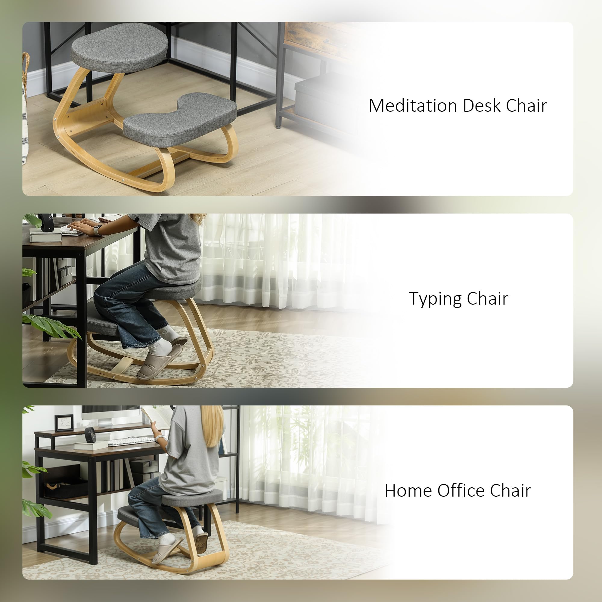HOMCOM Kniesitz, ergonomischer Schaukelstuhl aus Holz, Kniestuhl für das Heimbüro, Verbesserung der Körperhaltung, Rückenschmerzen, grau