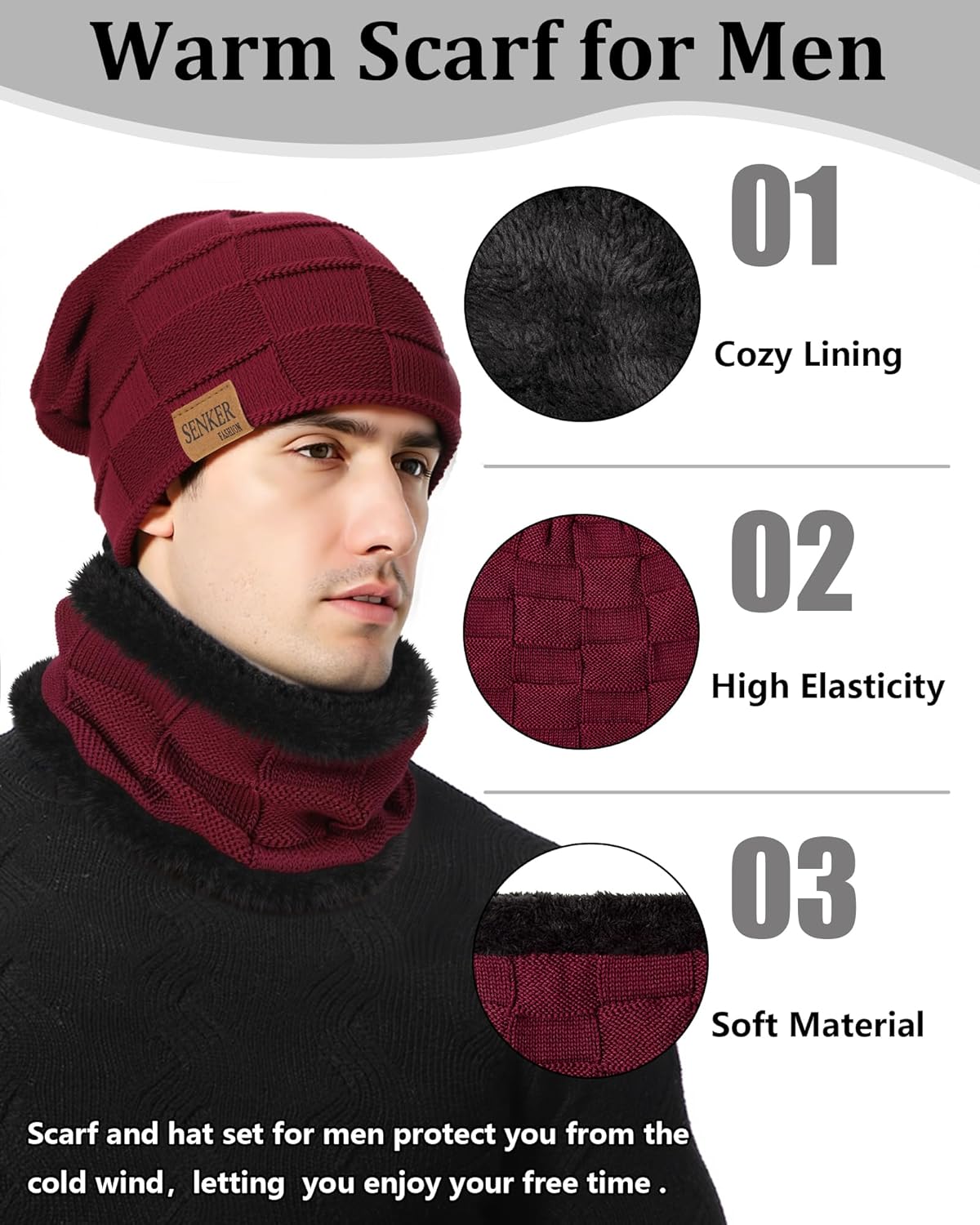 Senker Fashion Winter Hats Scarf and Gloves Set for Men Women, Slouchy Beanie Cap Neck Warmer Screen Touch Gloves Gifts - Image 4