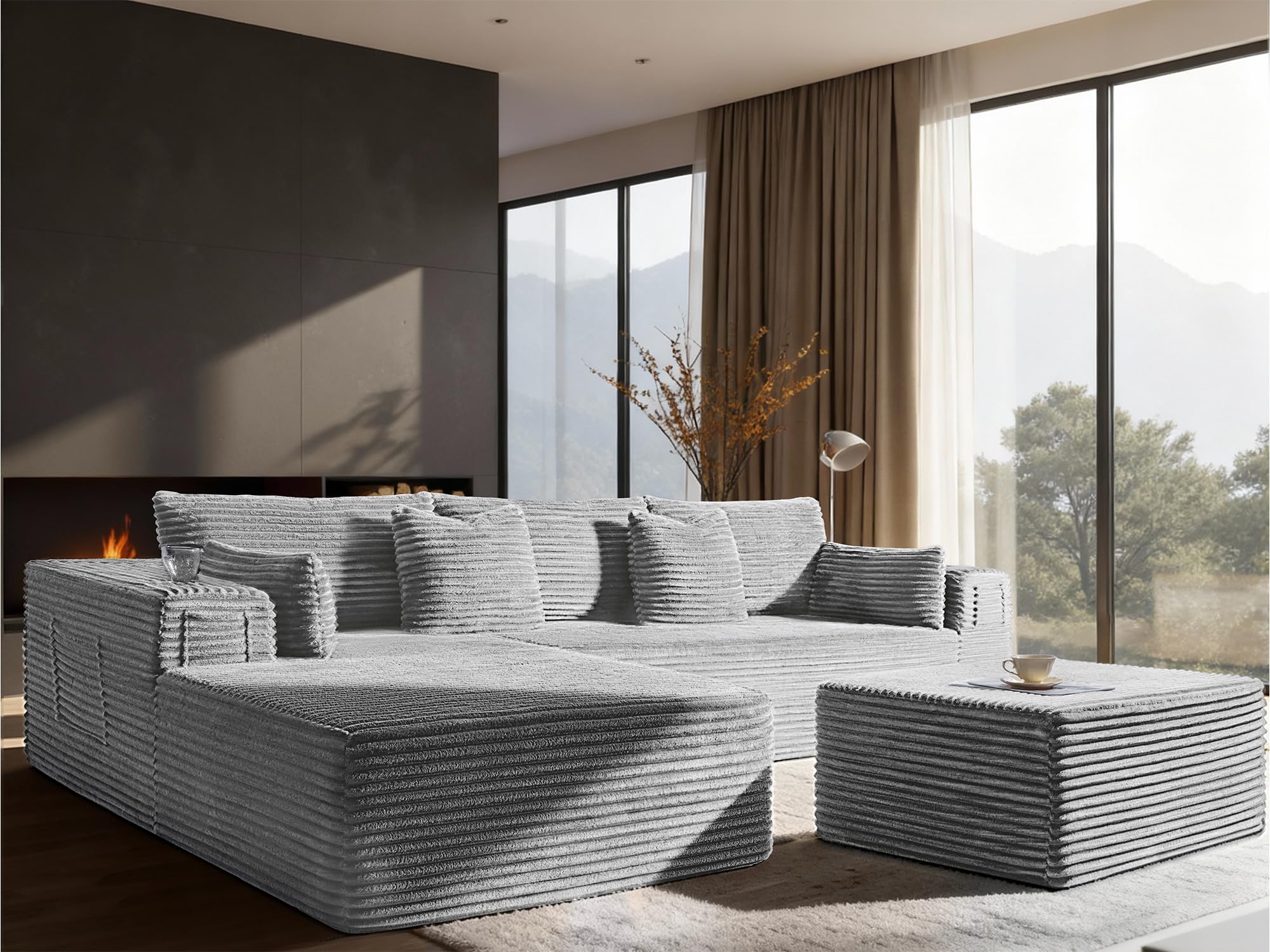 108" Oversized Cloud Sectional Couch, Comfort U Shaped Boneless Couch for Living Room, Extra Deep Seats No Assembly, Modular Sofa, Corduroy (Light Grey, 2 Seater + Left Facing Chaise + Ottoman)