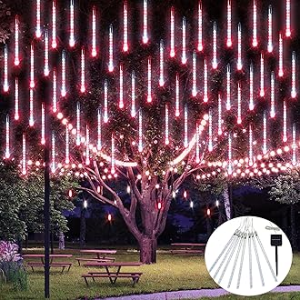 JMEXSUSS Red and White Solar Meteor Shower Rain Lights, 30cm 8 Tube 144 LED Solar Lights for Party Holiday Yard Patio Decorations