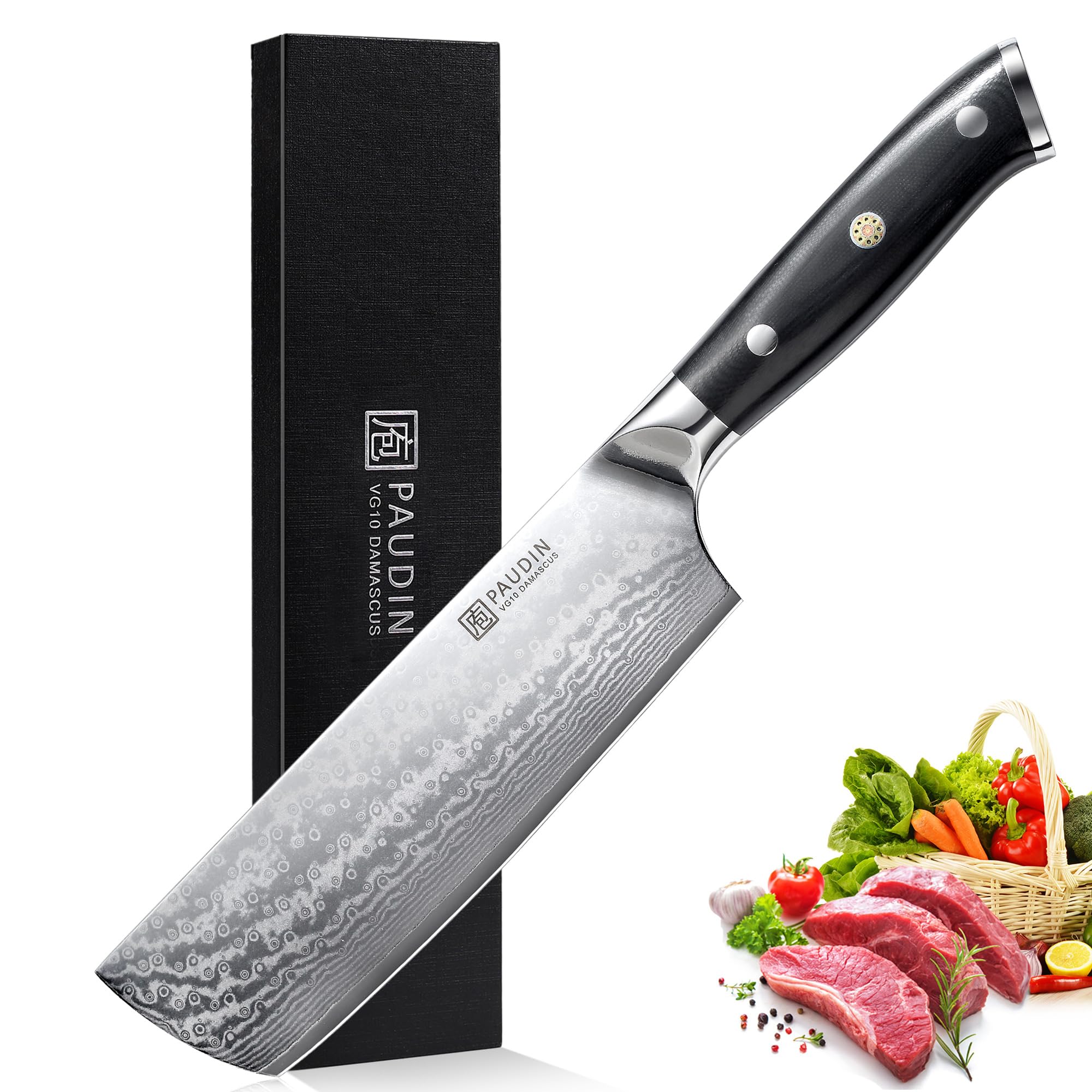 PAUDINNakiri Knife 7'', Damascus Chef Knife, Japanese VG-10 Stainless Steel, Kitchen Knife with G10 Full Tang Handle, Razor Sharp 67-Layer Forged Blade