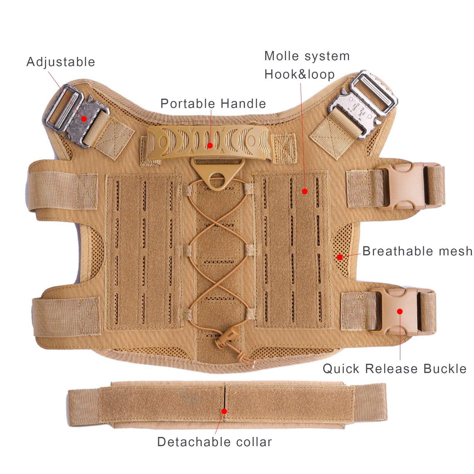Arnés Perros Chaleco Táctico, Entrenamiento De Trabajo Molle Chaleco,MOLLE Compacta Arnés Nailon Bolsas Chaleco Abrigo para Mascota Senderismo, Caminar con Asa Y 2 Bolsos Desmontables,Marrón,L