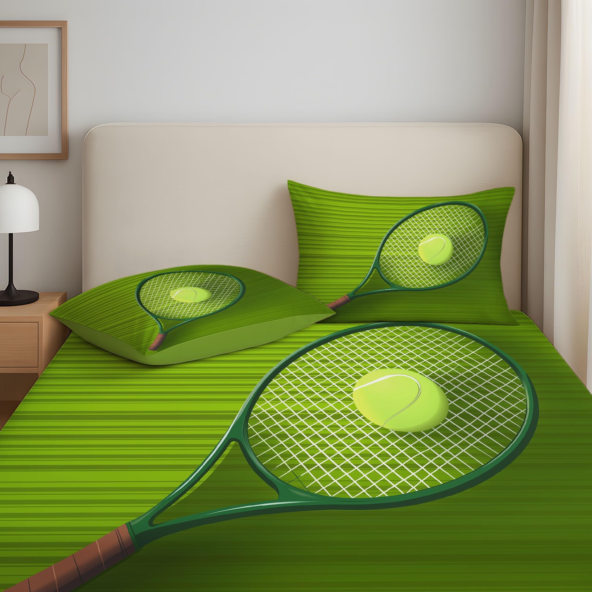 King Fitted Sheets - Bed Sheets Breathable Microfibre Bedding Sets 160 x 200 cm, Sports Grass Tennis Rackets Balls Green Stripes, Hyper-Realistic Retro Vitality, Sports Enthusiasts Teenagers