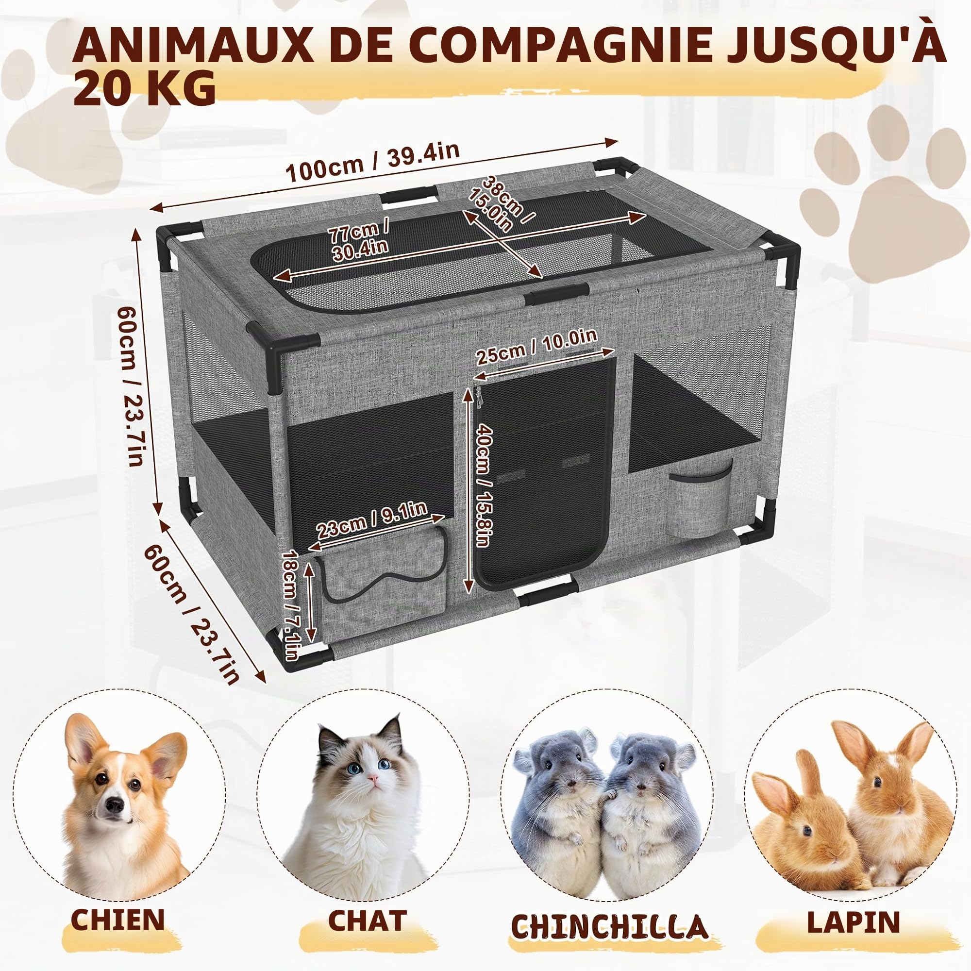 LZQ Enclos pliable pour animal de compagnie - Cadre en PVC - Cage pour animaux de compagnie - Enclos pour animaux - Enclos pour chiots - Pour chiens, chats, petits animaux - Carré - Taille L