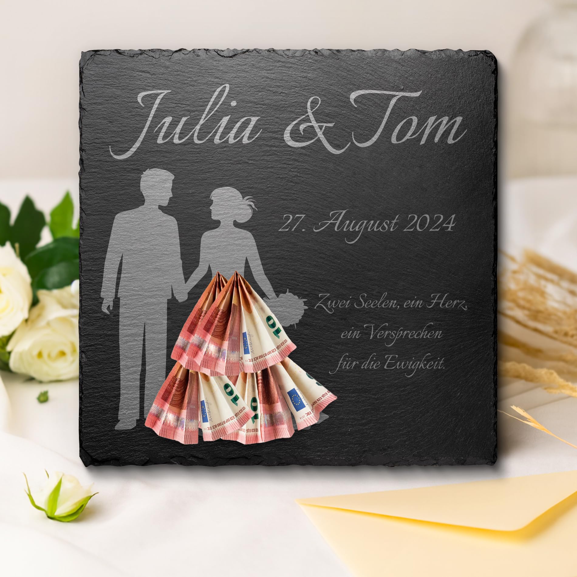 Schiefertafel personalisiert als originelles Hochzeitsgeschenk für Brautpaar - persönliche Geldgeschenke zur Hochzeit