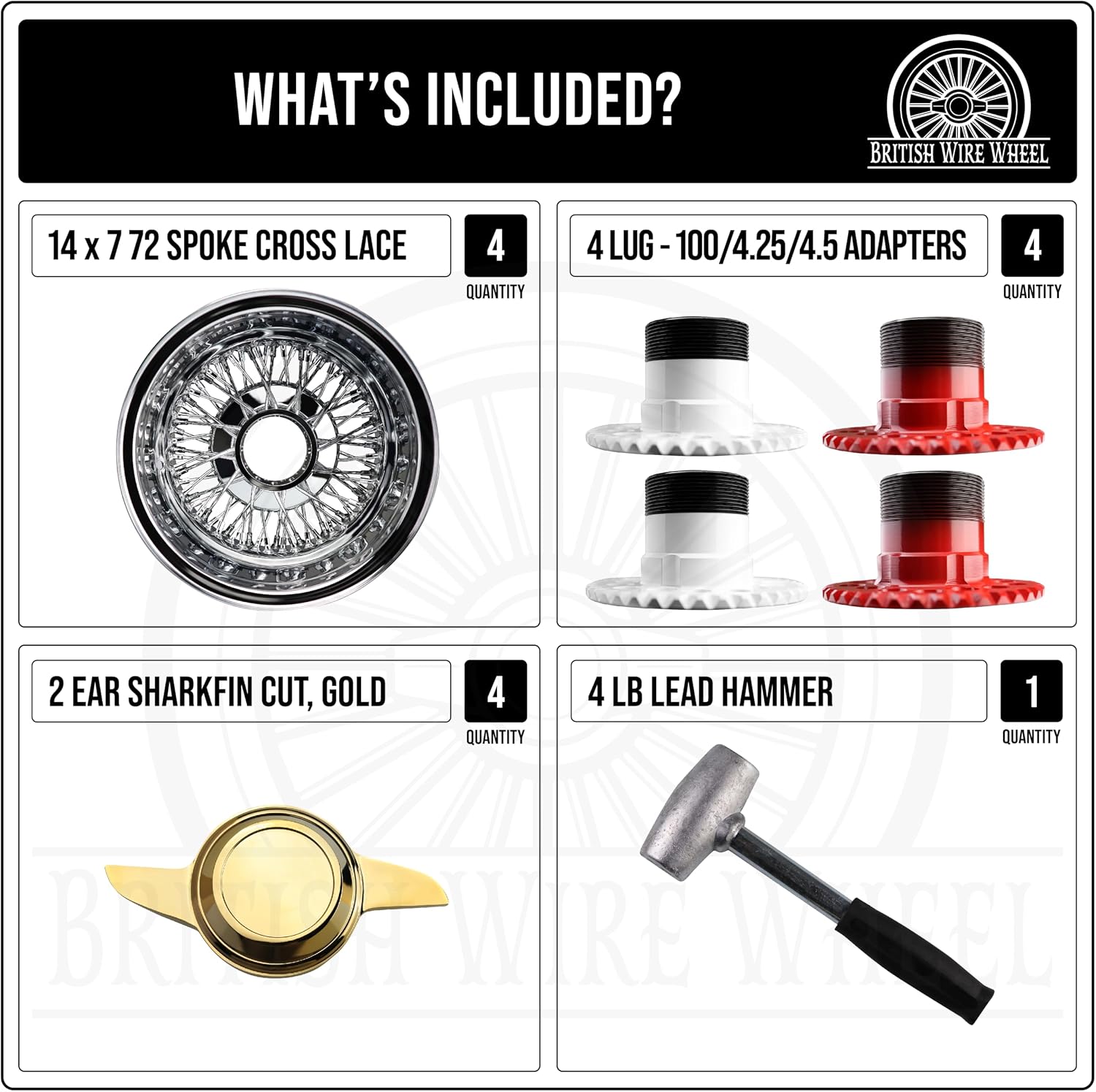 14x7 Reverse 72 Spoke Cross Lace Wire Wheels with 2 Ear Cut Gold Knock Off Spinner Caps + Adapters 4x100, 4x4.25, 4x4.5 | Chrome Deep Dish Lowrider Rims | Set of 4 + Lead Hammer