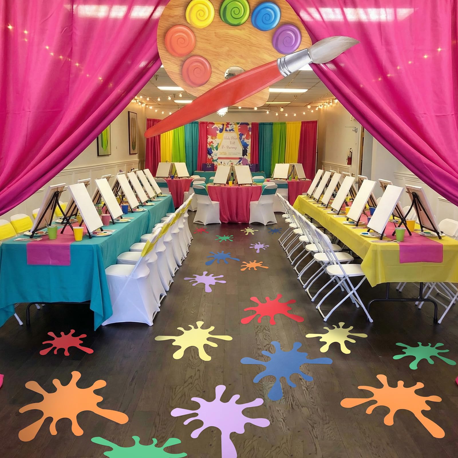 Photo 1 of Eaasty 18 Pcs Art Paint Party Decorations Painting Splatter VBS Decor Back to School Backdrop Cutouts Colorful Paint Splash Table Skirts Painting for Classroom Bulletin Board Birthday Party Decoration