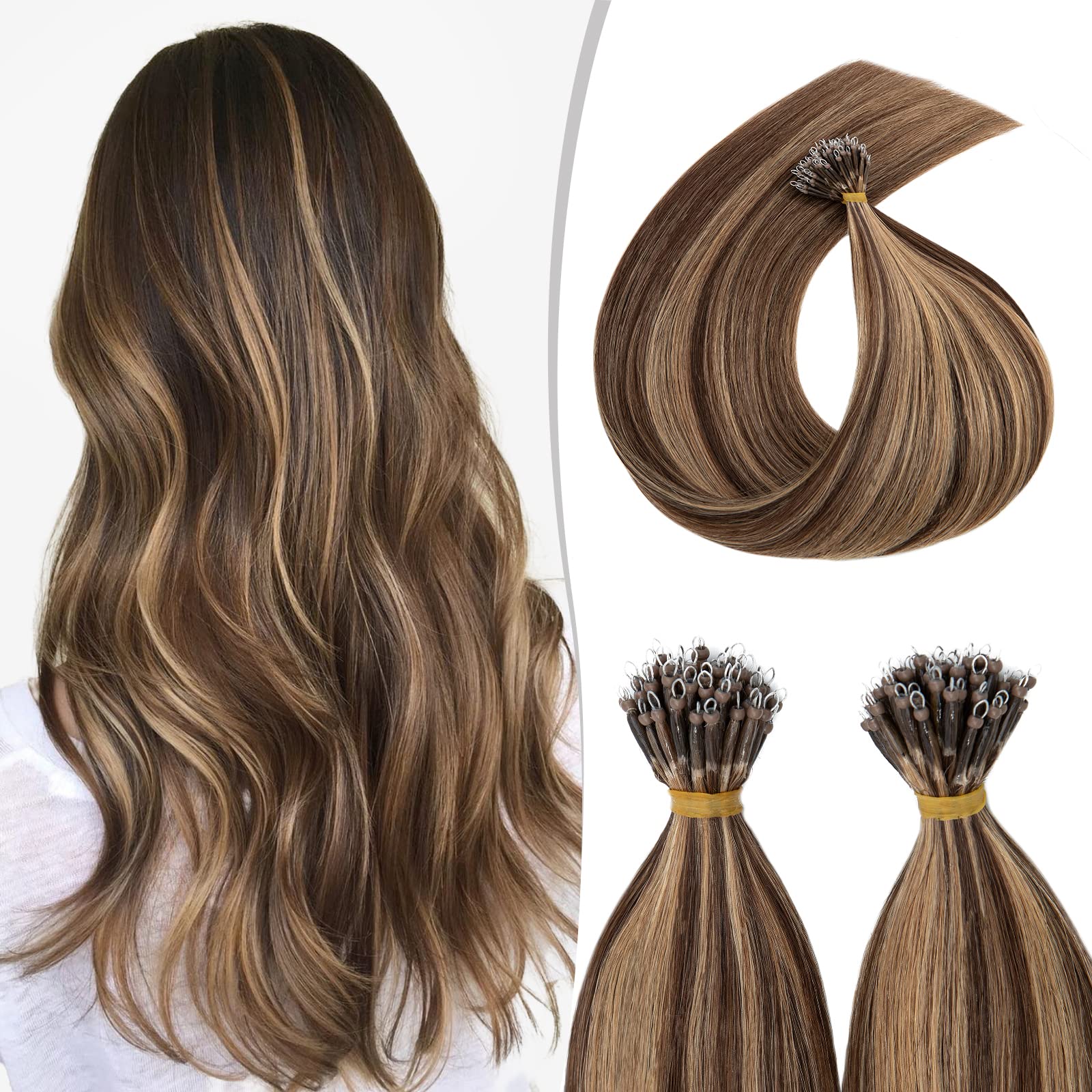 Nano Ring Human Hair Extensions Pre Bonded Keratin Fusion Stick Tip Iron Loop Link 50 strands 50g Straight Micro Bead Remy Hairpiece for Women