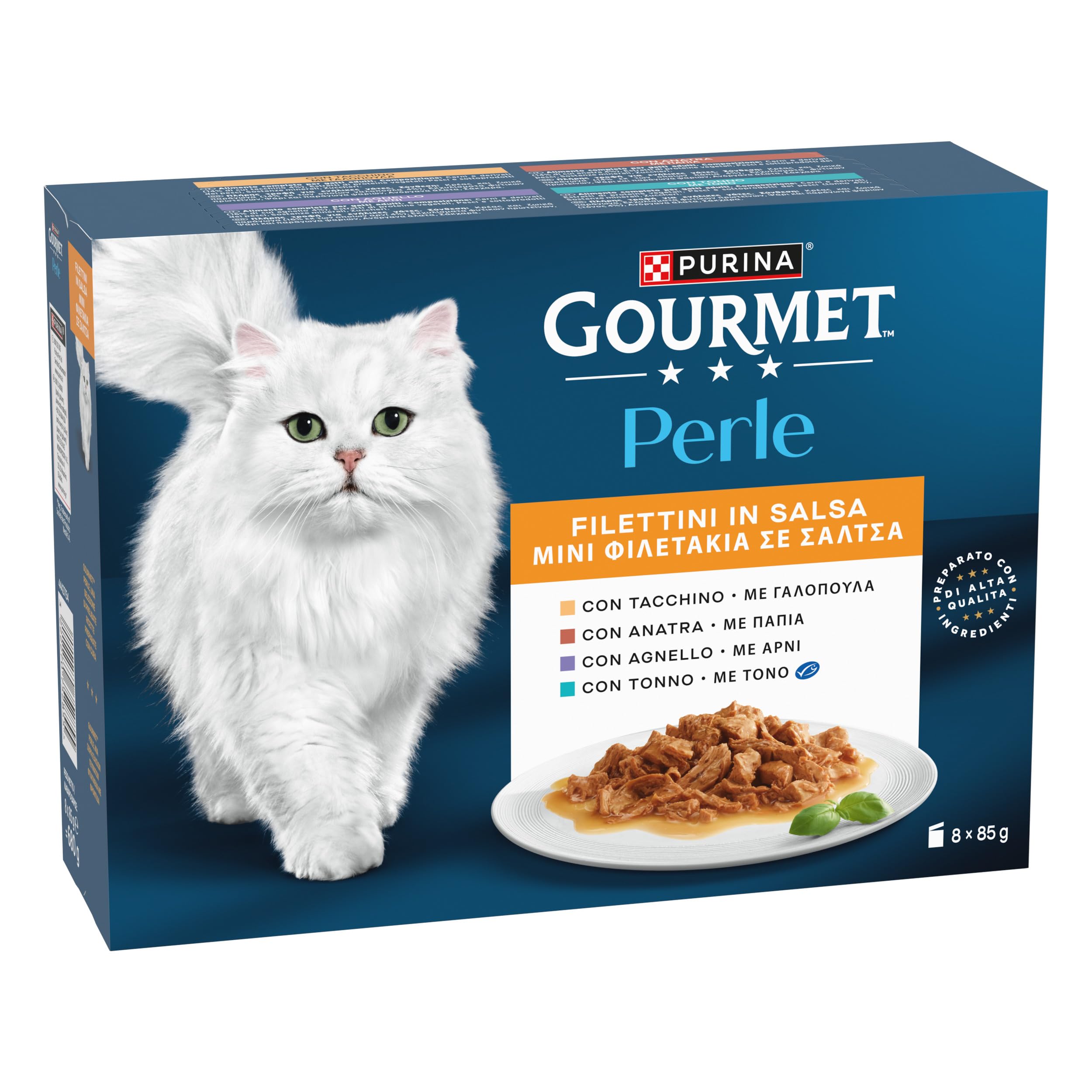 GOURMET Perle Cibo Umido per Gatti Adulti Filettini in Salsa con Tacchino, Tonno, Anatra, Agnello 80 Buste da 85g | Confezione 80x85g | Gusti: Tacchino, Agnello, Tonno, Anatra