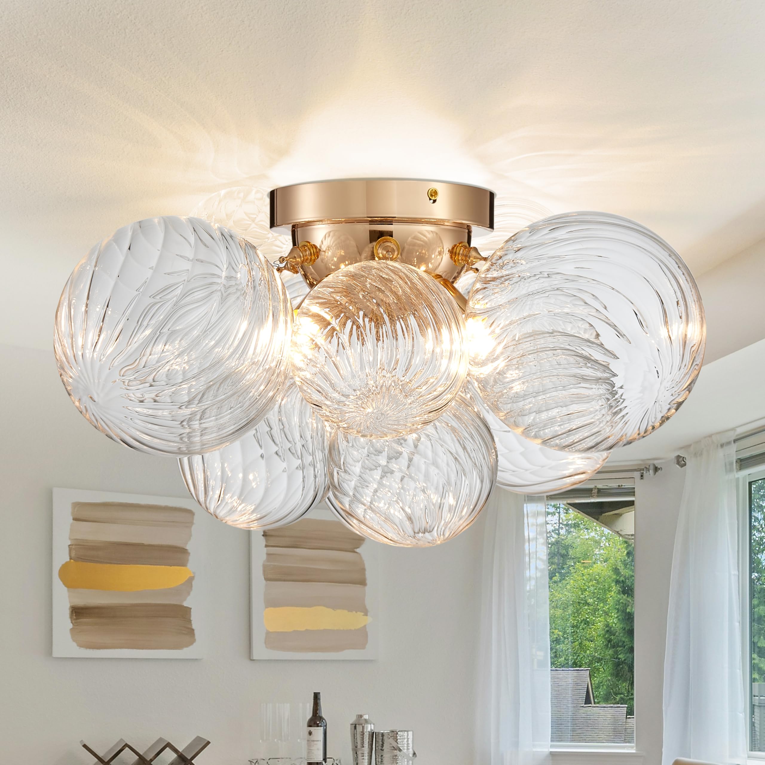 Modern Bubble Ceiling Light Fixture, 4-Light Flush Mount Lighting Fixture, Ribbed Glass Globe Ball and Gold Canopy, W45xH22 cm, Ceiling Light Fixture for Living Room Bedroom Dining Room