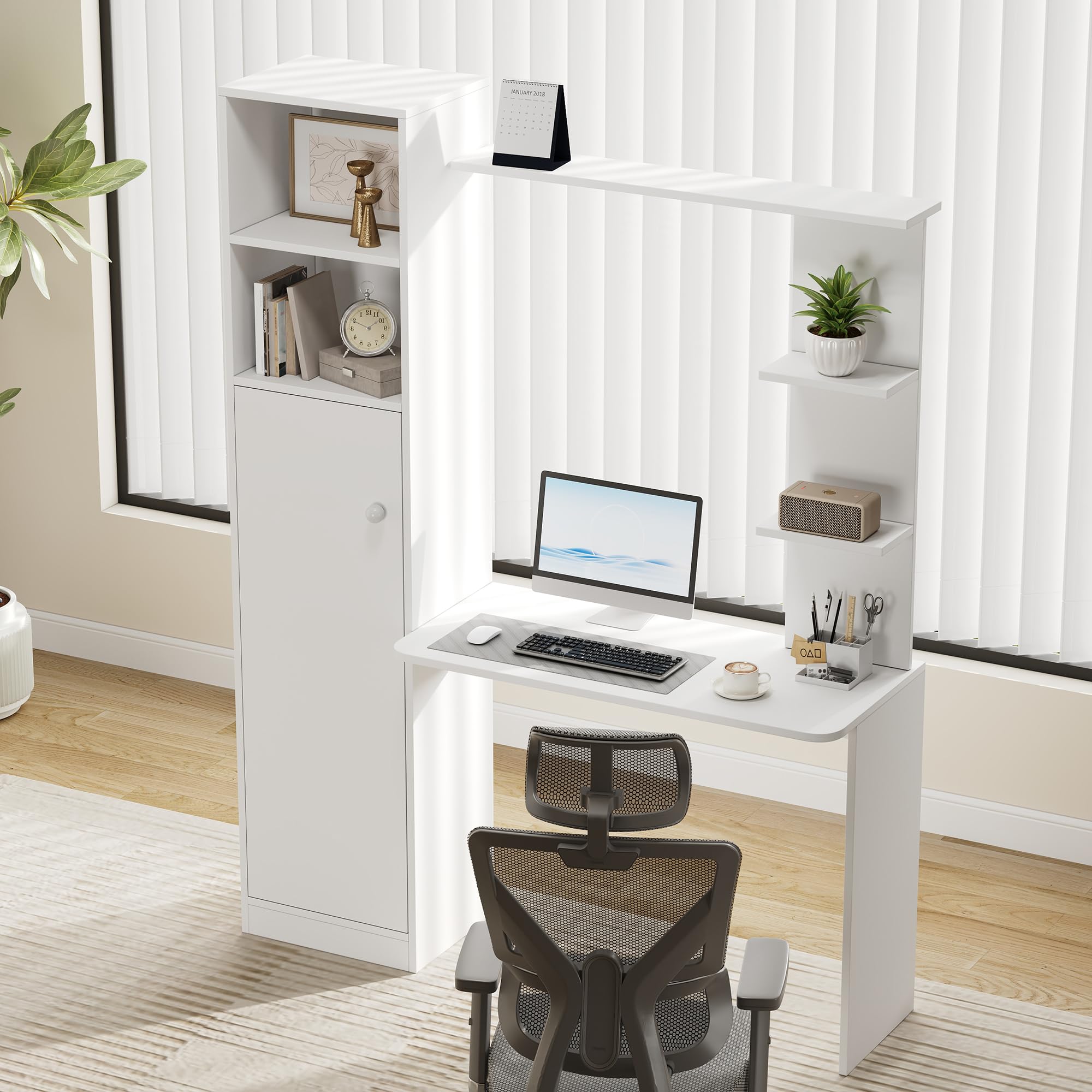 BTM Schreibtisch mit Schrank und Aufsatzregal, Modernes Bürotisch Schreibtisch mit Stauraum und Regal Weiß
