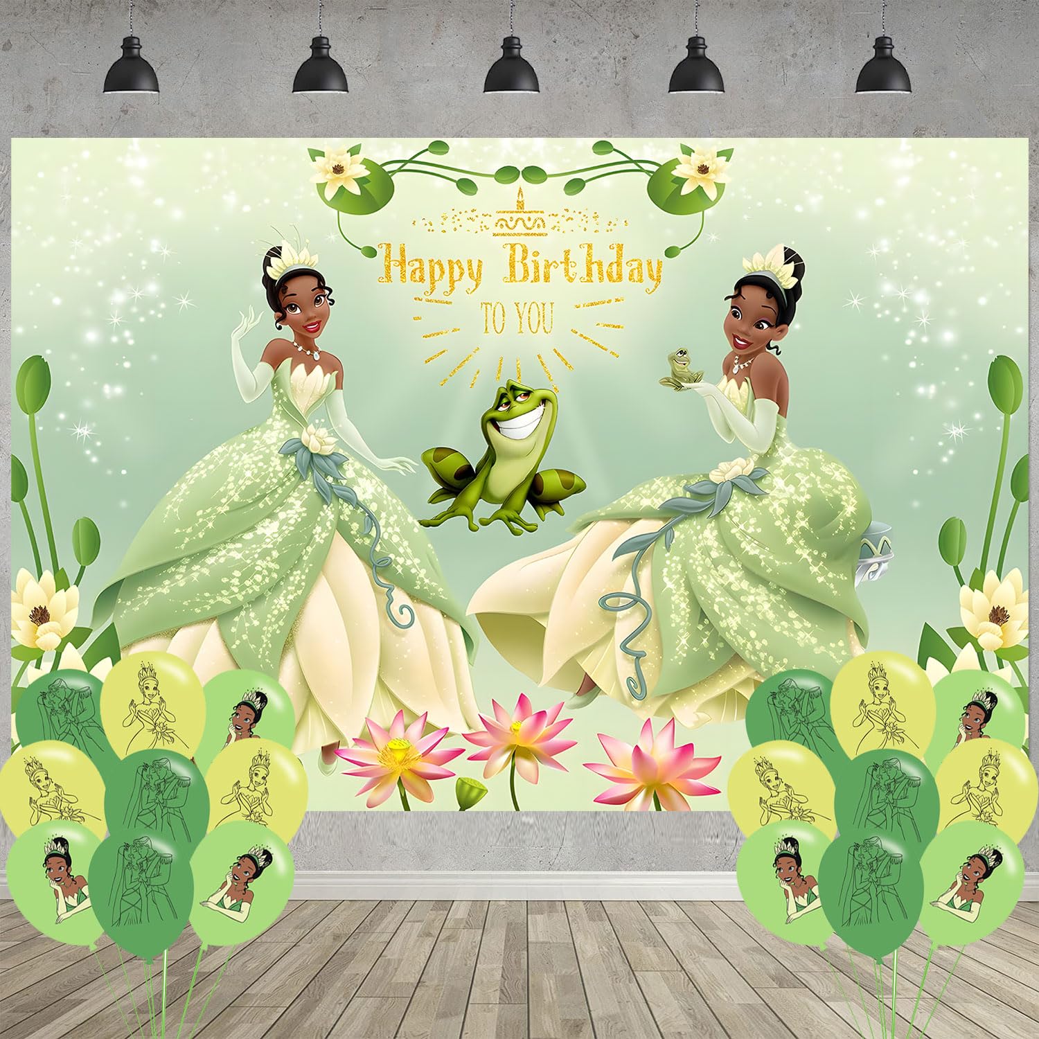 Princess Tiana Birthday Party Decoration,Princess Party Photo Background 5 x 3 FT and 18 Pcs Balloon,Merch Party Backdrop Supplies