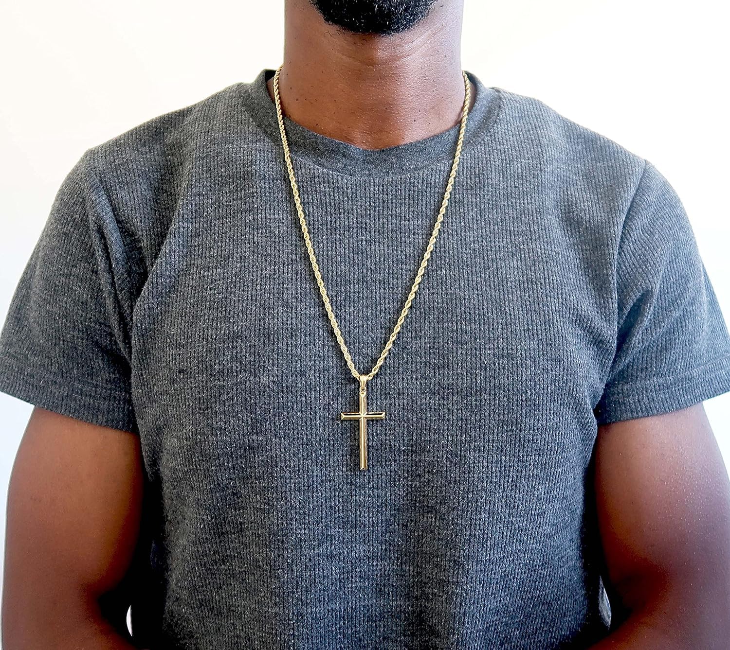 Collar con colgante de cruz de oro de 18 quilates para hombres y mujeres, cadena cubana de cuerda de 3 mm con cierre sólido realmente fuerte, regalo para marido, esposa, bordes