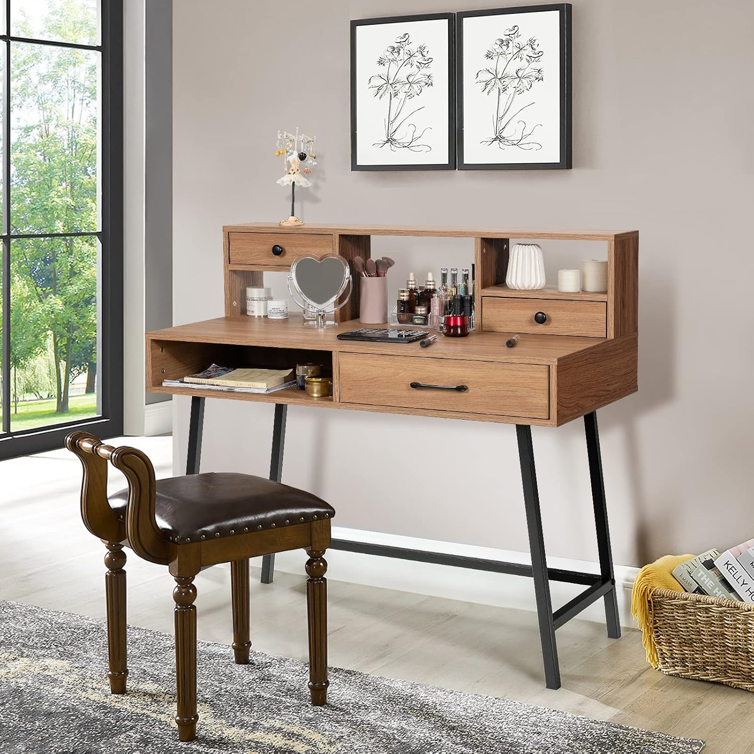 CHARMAID 42'' Vanity Table with Large Drawer, 2 Small Drawers, Desktop Shelf, Open Storage Space, Sturdy Steel Legs, Modern Writing Desk with Top Hutch for Bedroom Home Office