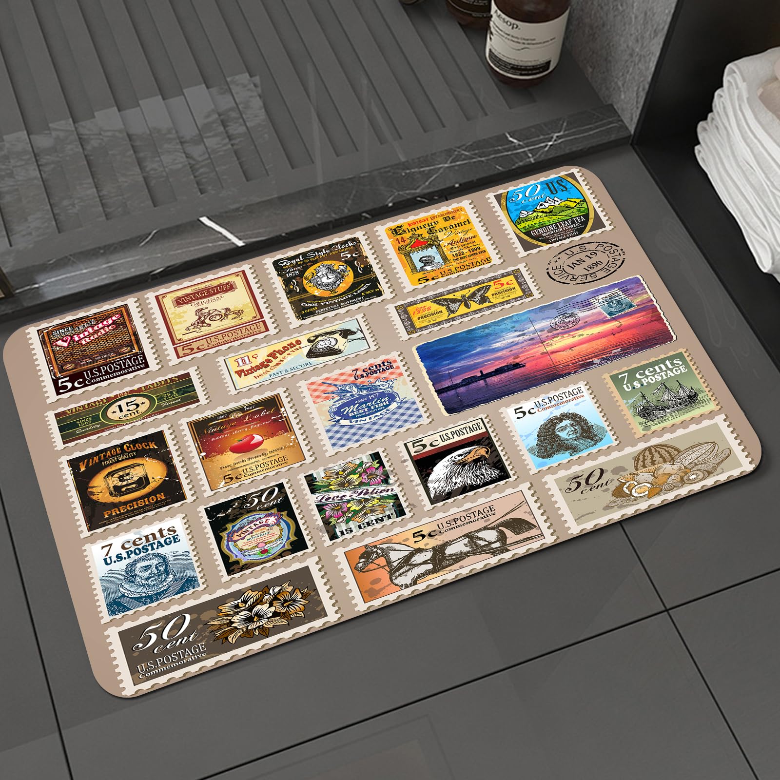 DALEXHM Microfibre Bath Mat, Door Mat, Pet Mat,Bathroom Rug Machine Washable,Non-slip,Super absorbent,Extra Soft,Retro themed stamps, old stamps in stamp albums,16x24in