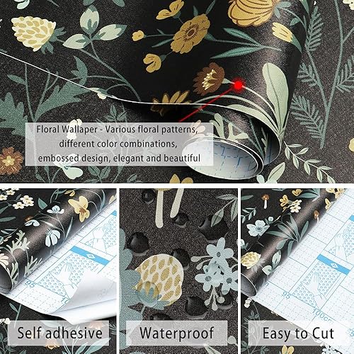 Miniatura 4 de Hopepak Papel tapiz floral para despegar y pegar, 16.1 x 118 pulgadas, papel de contacto con hojas de flores salvajes oscuras, papel tapiz