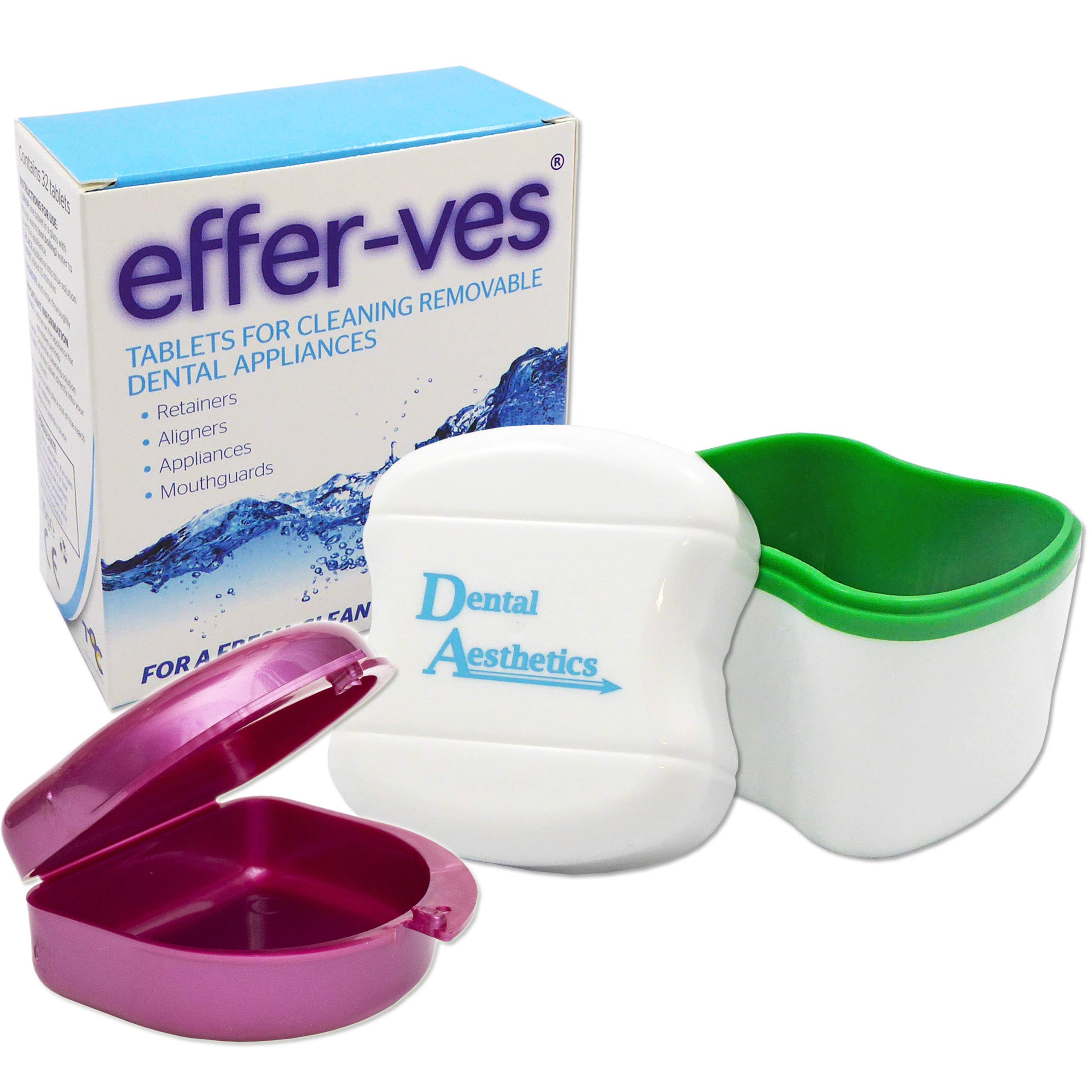 Effer-VES, Cleaning Bath & Retainer Case ~ Box of 32 Cleaning Tablets (Green Bath, Pink Case)