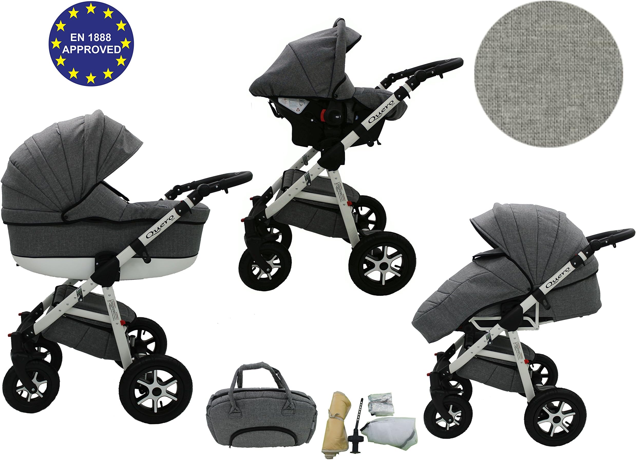 Quero, 3-in-1 Travel System with Baby Pram, Car Seat, Pushchair & Accessories (Linen Material No. 1)