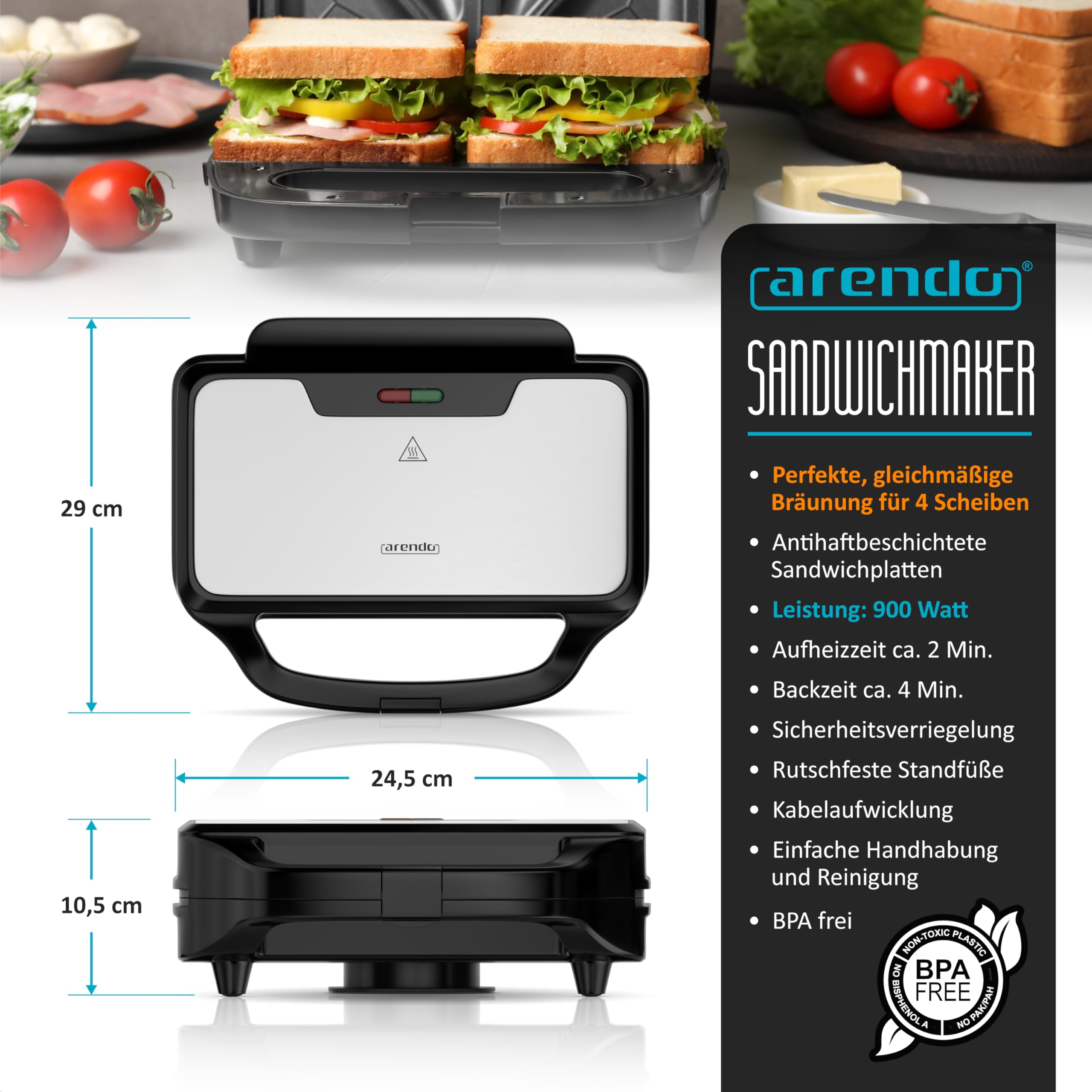 Arendo - Sandwichmaker mit Antihaftbeschichtung – 900 W - automatische Temperaturregelung – Sicherheitsverriegelung - Sandwich Maker - Sandwichtoaster für Sandwiches, Toast, warme Snacks