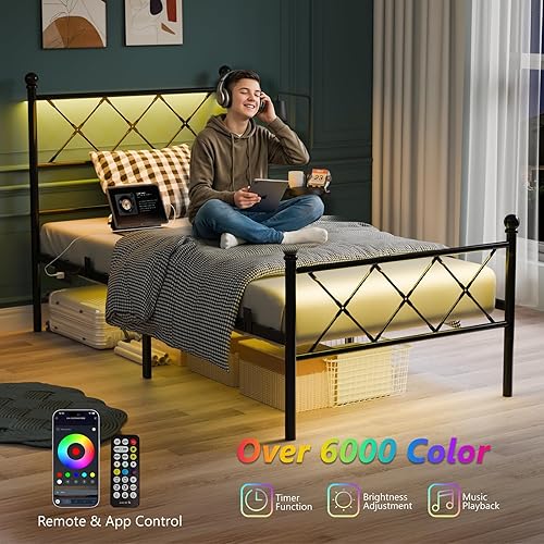 Miniatura 3 de VINGLI Base de cama de metal de tamaño individual con iluminación LED inteligente y estación de carga integrada, plataforma resistente con soporte